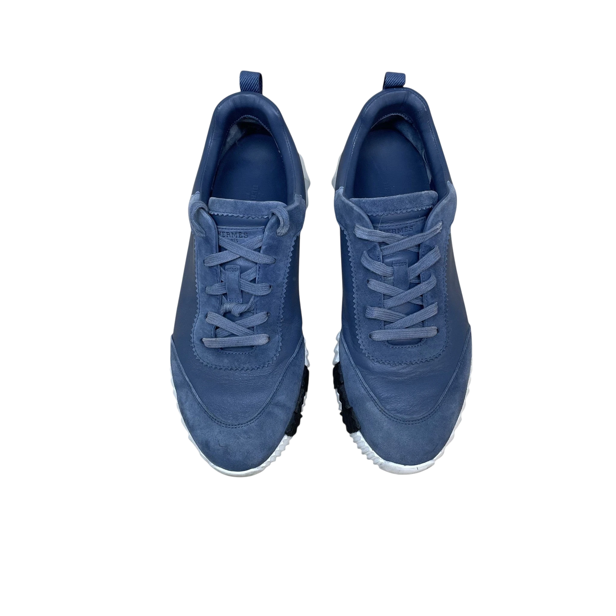 Zenno Archive Hermes Bouncing sneakers in sea blue suede and leather with white and black rubber soles.