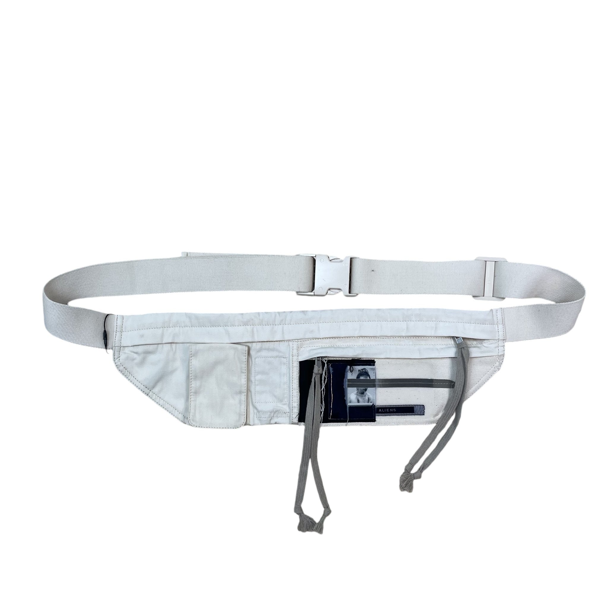 Zenno Archive Rick Owens DRKSHDW Aliens ivory canvas belt bag with utility pockets and graphic patch detail