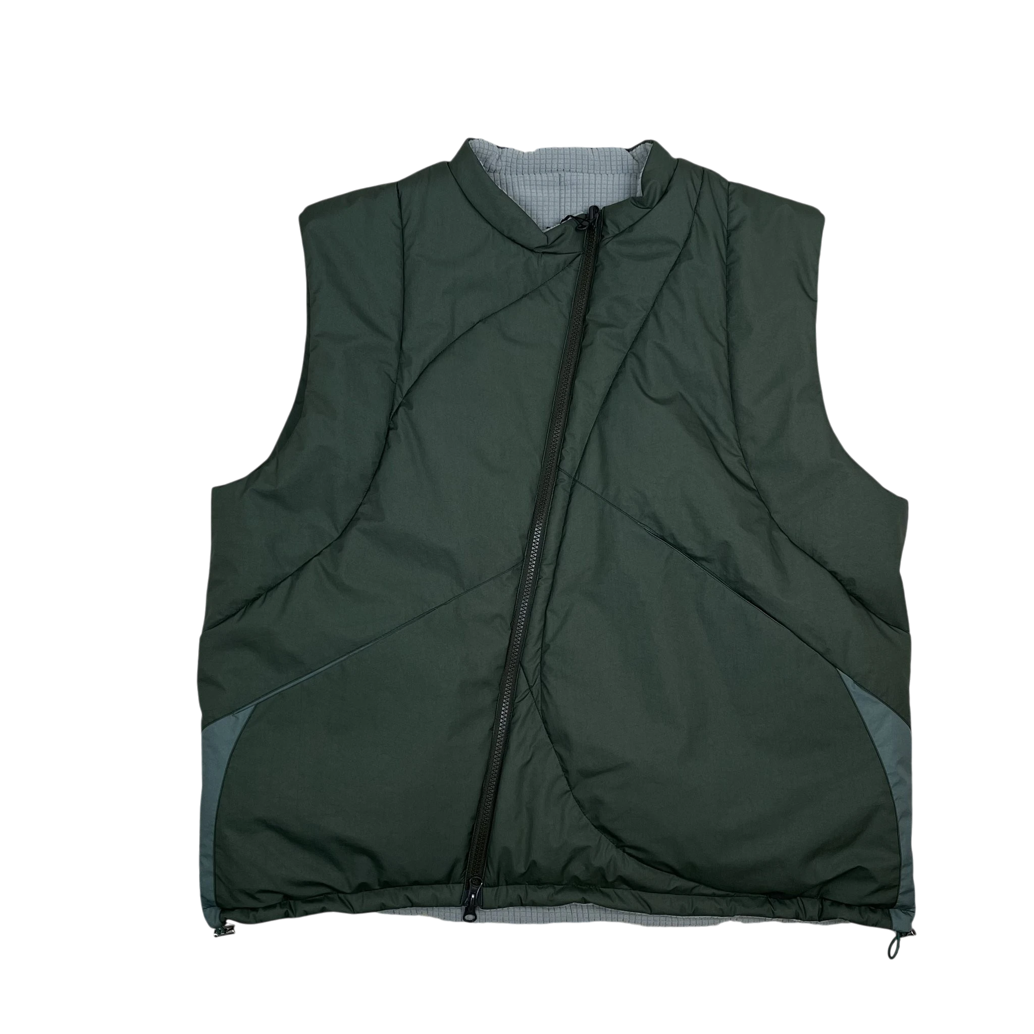 Zenno Archive Jeong Li 3M Thinsulate reversible vest in dark green with an asymmetrical zip and quilted design