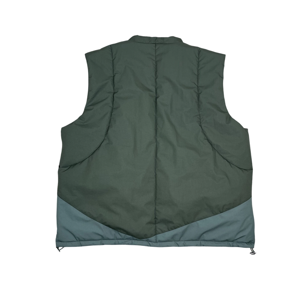 Zenno Archive Jeong Li 3M Thinsulate reversible vest in olive green with a contrasting teal hem and adjustable toggles.