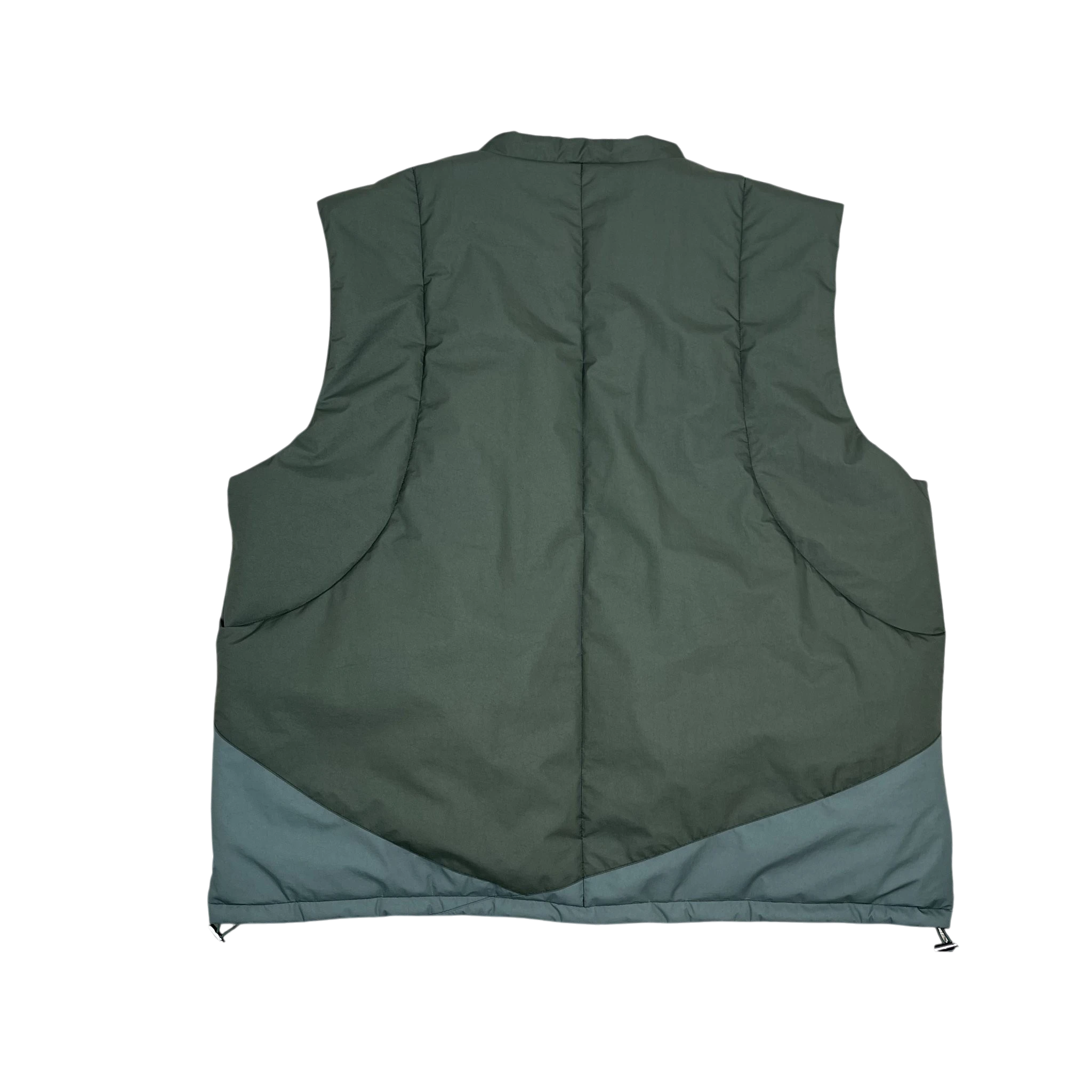 Zenno Archive Jeong Li 3M Thinsulate reversible vest in olive green with a contrasting teal hem and adjustable toggles.
