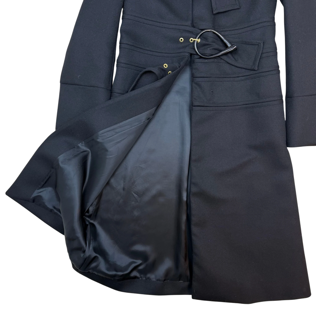 Zenno Archive black wool coat by JW Anderson featuring a unique multi-strap waist detail and smooth satin lining.