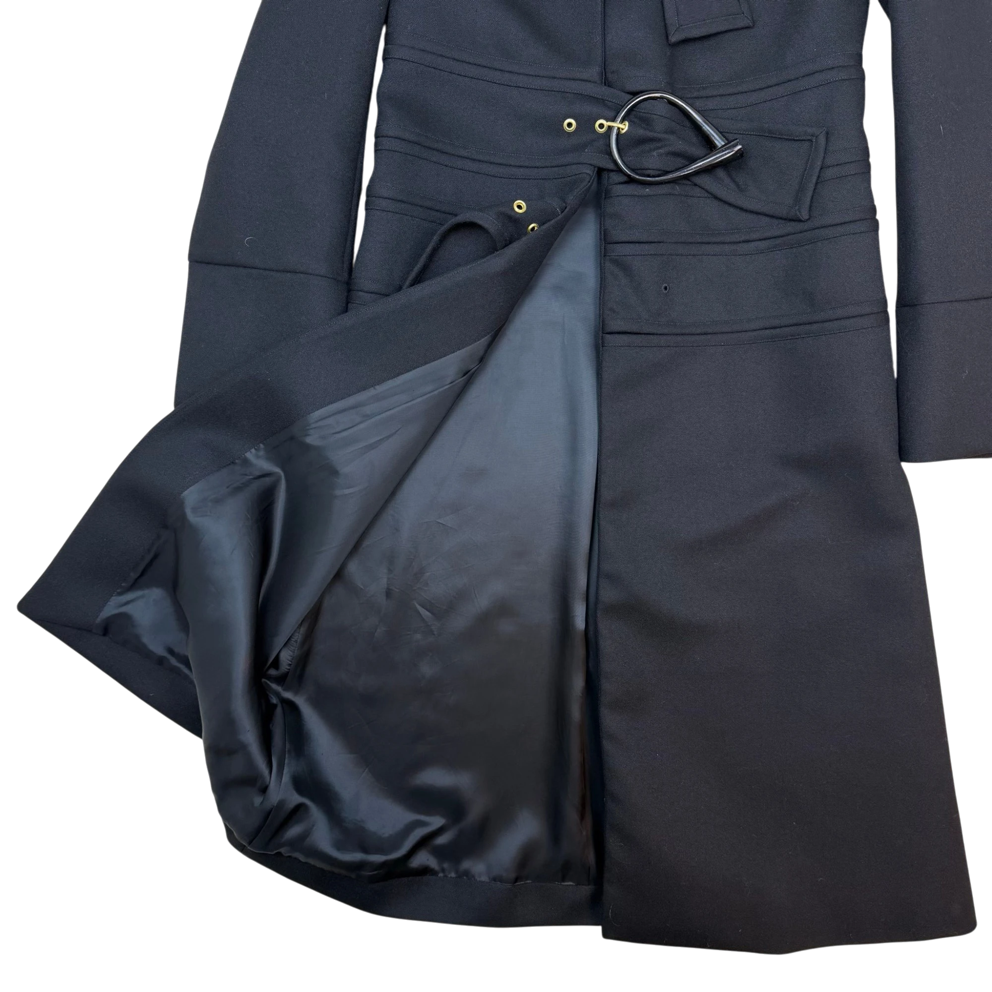 Zenno Archive black wool coat by JW Anderson featuring a unique multi-strap waist detail and smooth satin lining.