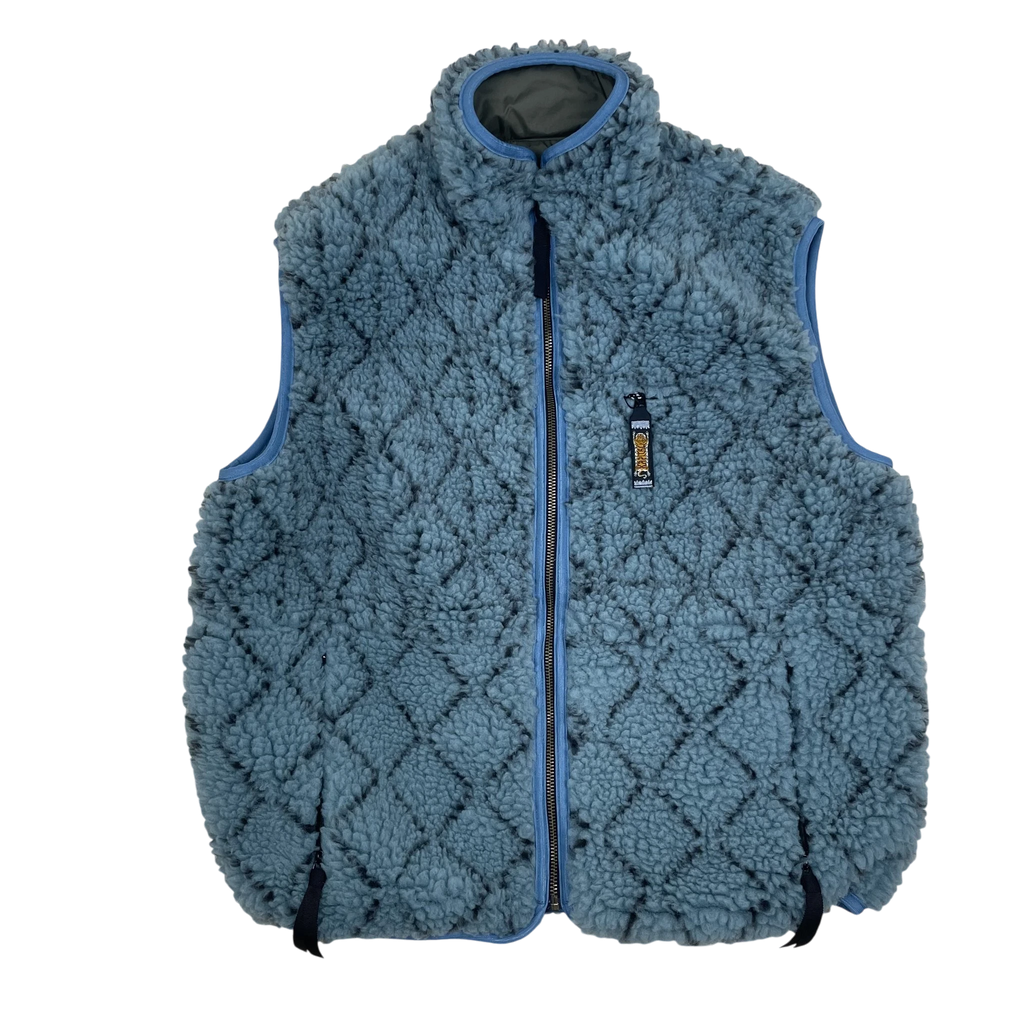 Zenno Archive Kapital DO-GI blue reversible boa fleece vest with quilted sashiko-style detailing and zip closure