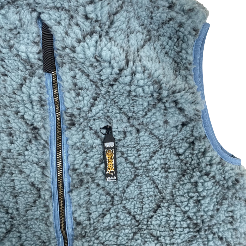 Zenno Archive Kapital DO-GI SASHIKO blue boa fleece reversible vest with detailed zipper pull and textured fabric
