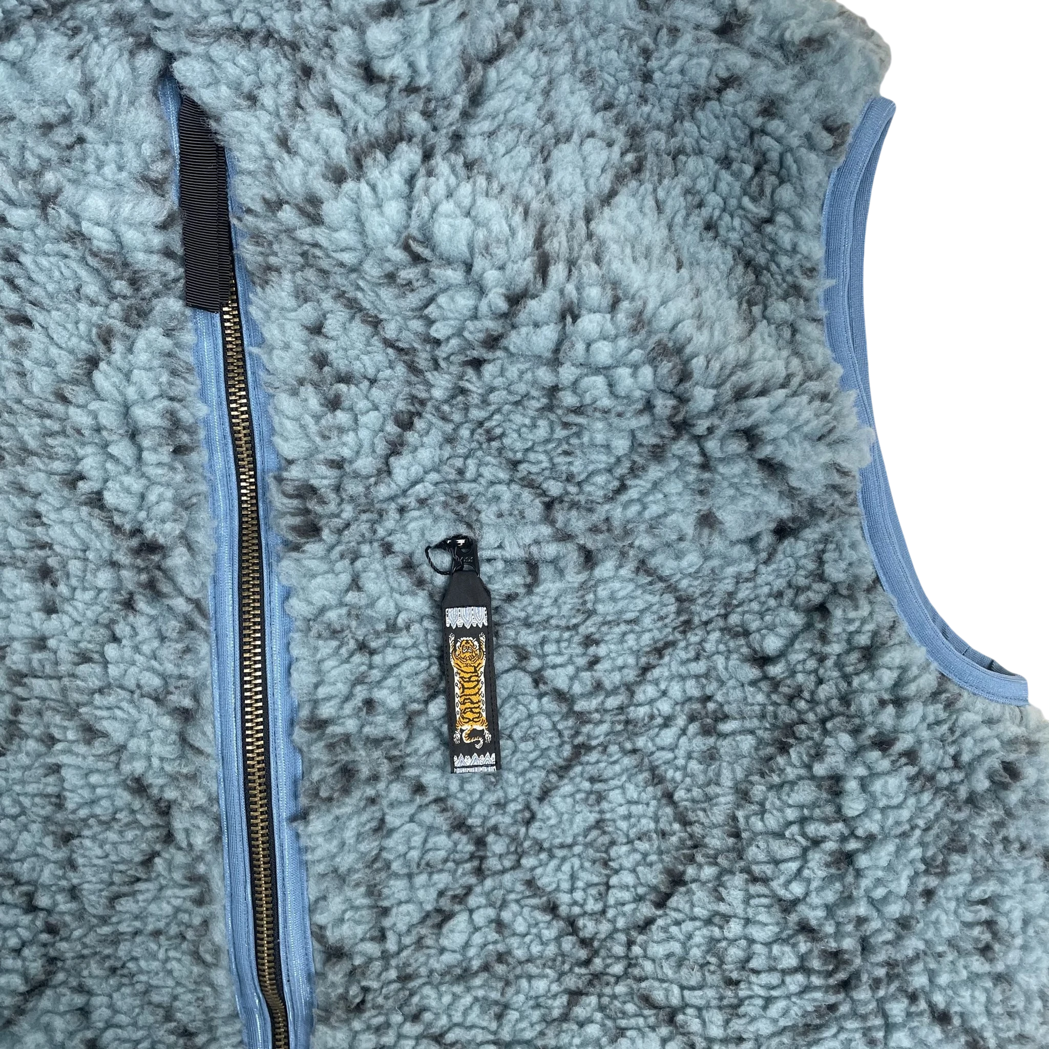 Zenno Archive Kapital DO-GI SASHIKO blue boa fleece reversible vest with detailed zipper pull and textured fabric