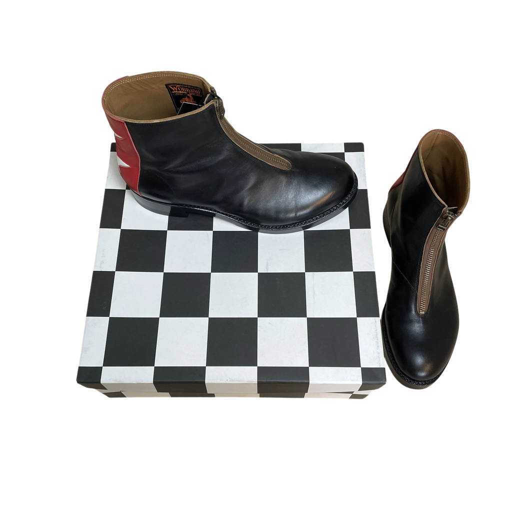 Zenno Archive Kapital Cafe Frisco zip-up leather boots in black and red with a front zipper on a checkered box
