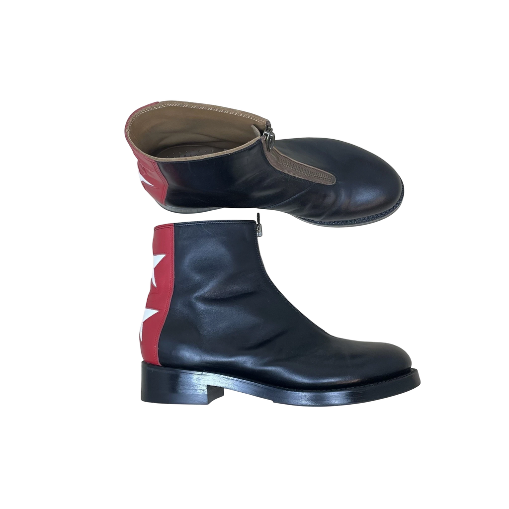Zenno Archive Kapital Cafe Frisco black leather zip-up boots with red heel panels and white star details