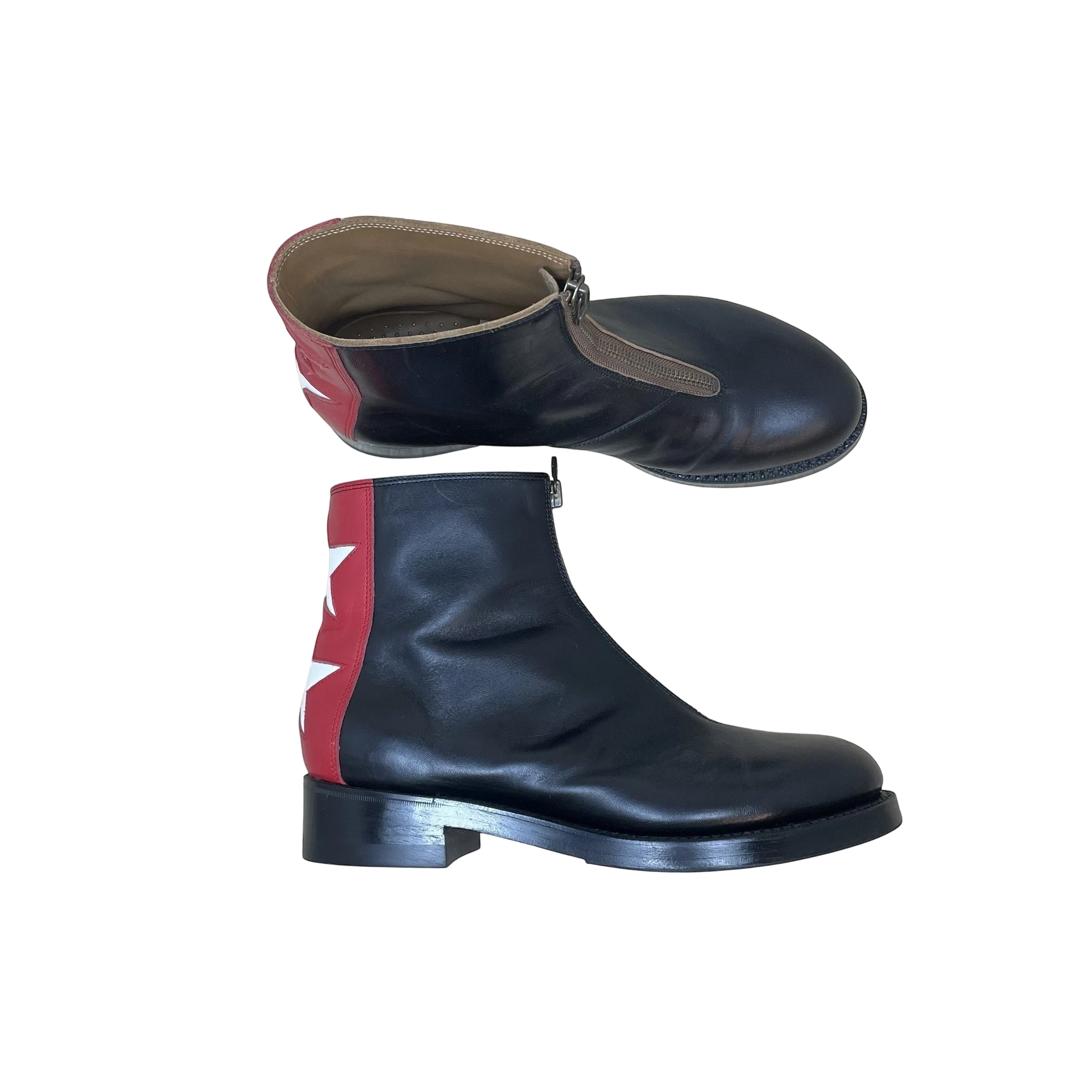 Zenno Archive Kapital Cafe Frisco black leather zip-up boots with red heel panels and white star details