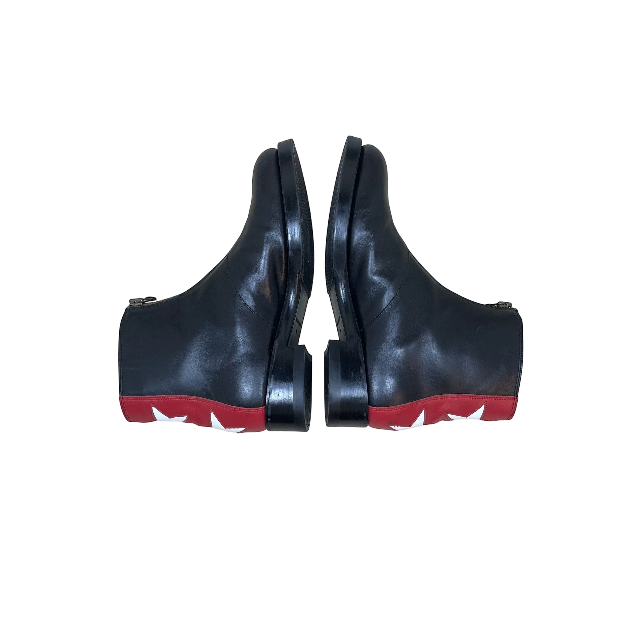 Zenno Archive Kapital Cafe Frisco black leather zip-up boots with red heel panels and white star detailing