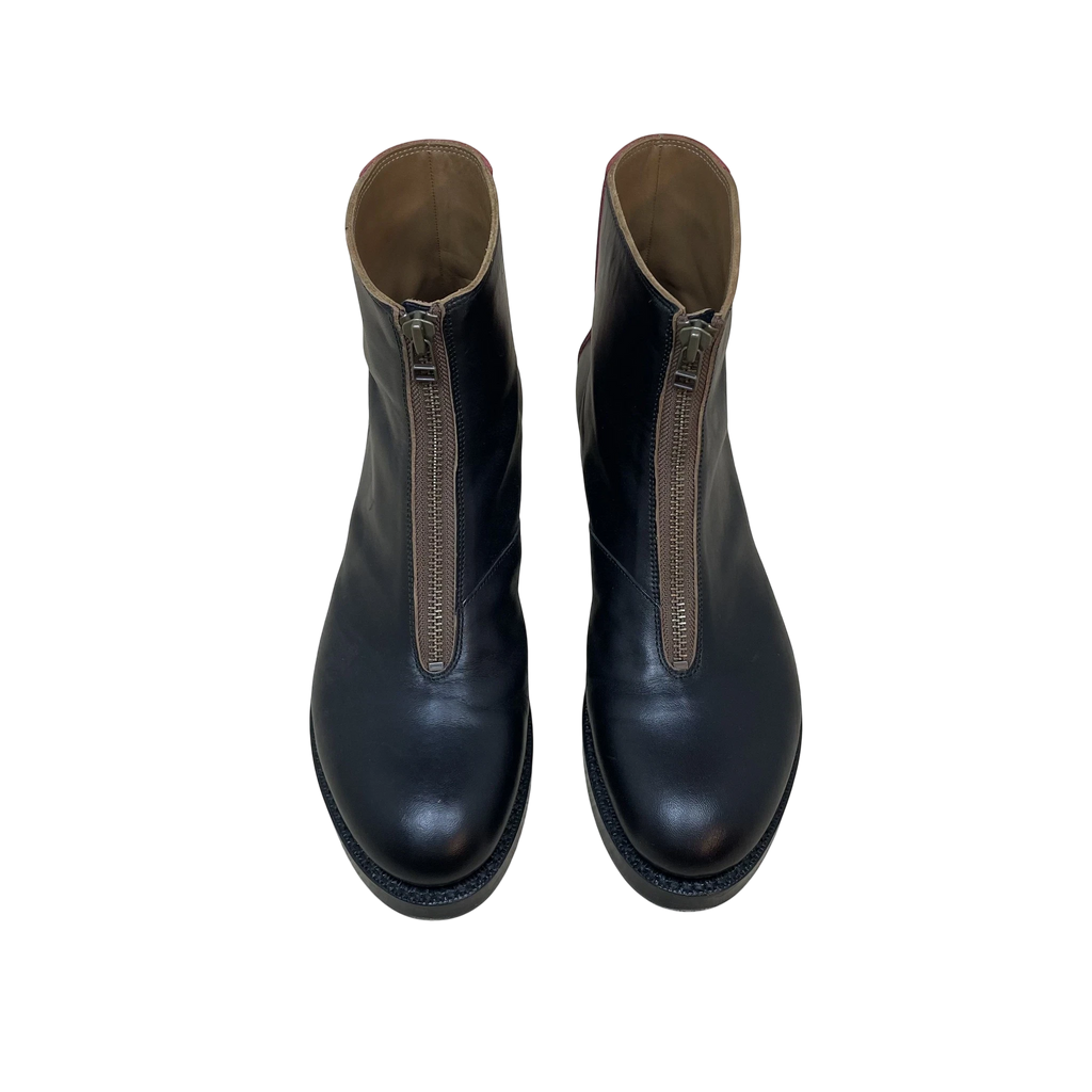 Zenno Archive Kapital Cafe Frisco black leather zip-up boots with red accents and front zipper closure