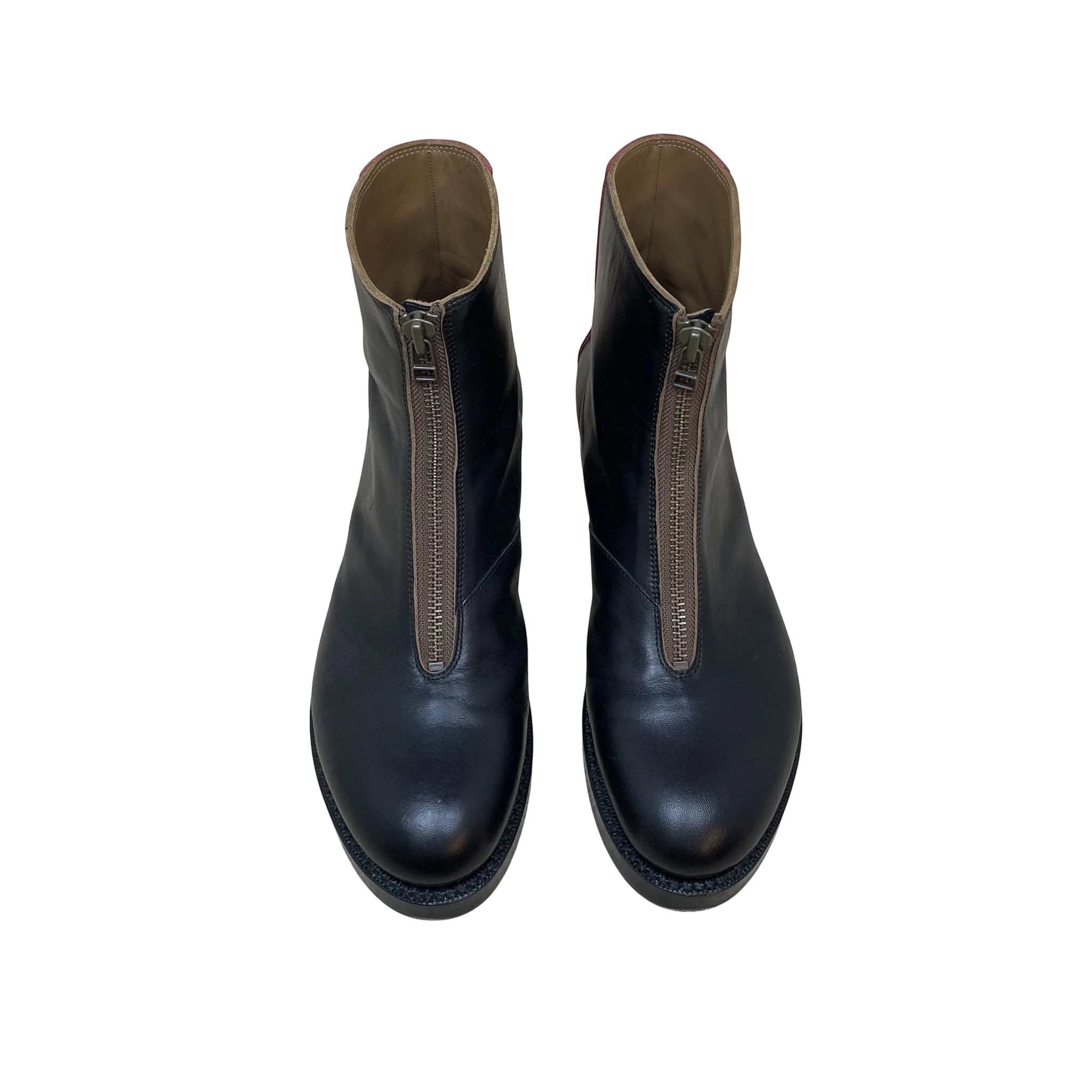 Zenno Archive Kapital Cafe Frisco black leather zip-up boots with red accents and front zipper closure