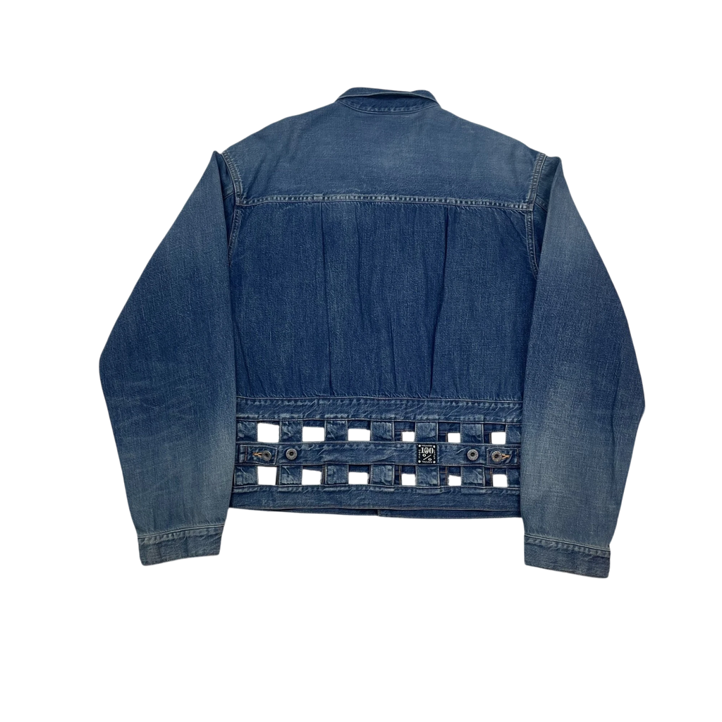 Back view of Zenno Archive Kapital blue denim jacket featuring a unique woven windowpane hem detail.