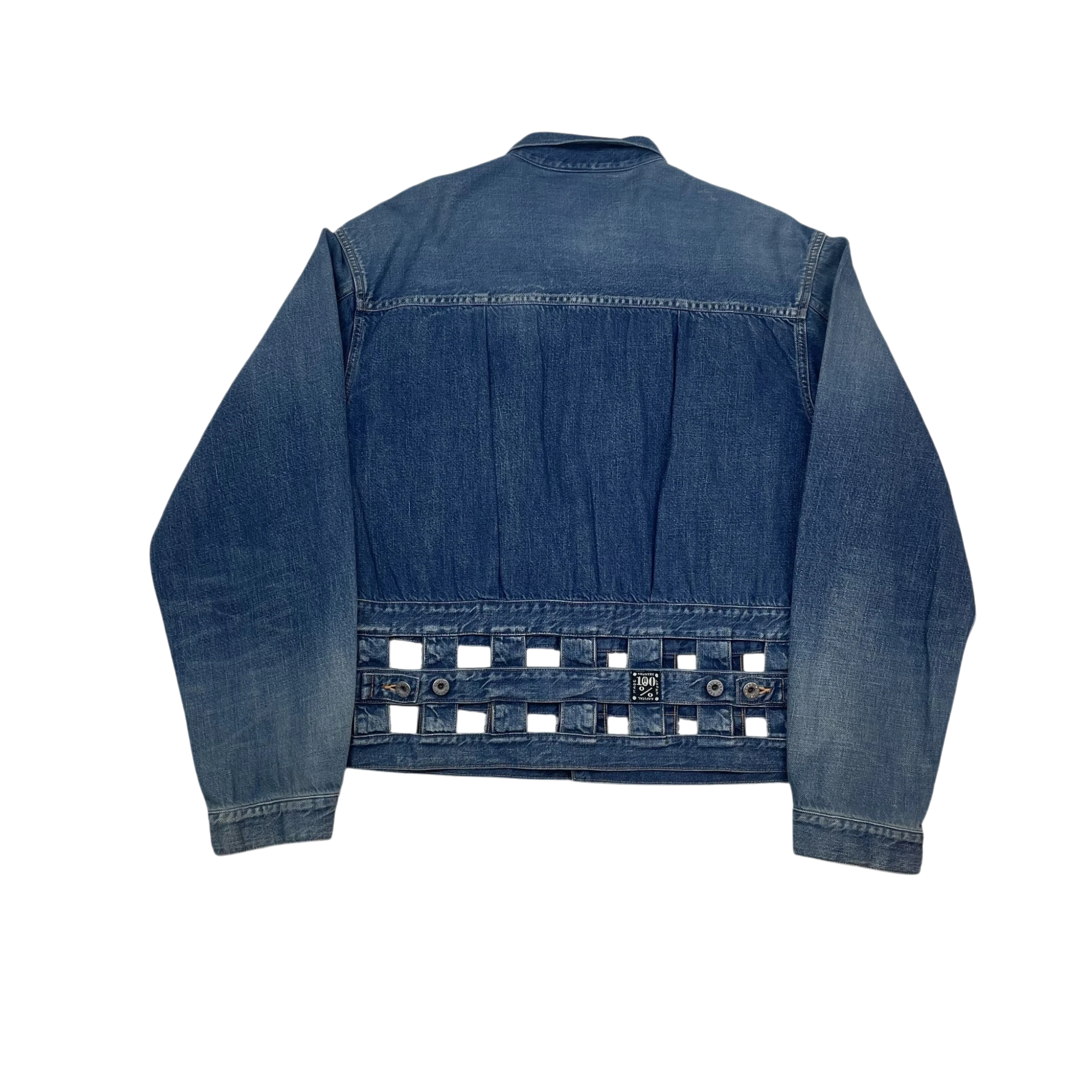 Back view of Zenno Archive Kapital blue denim jacket featuring a unique woven windowpane hem detail.