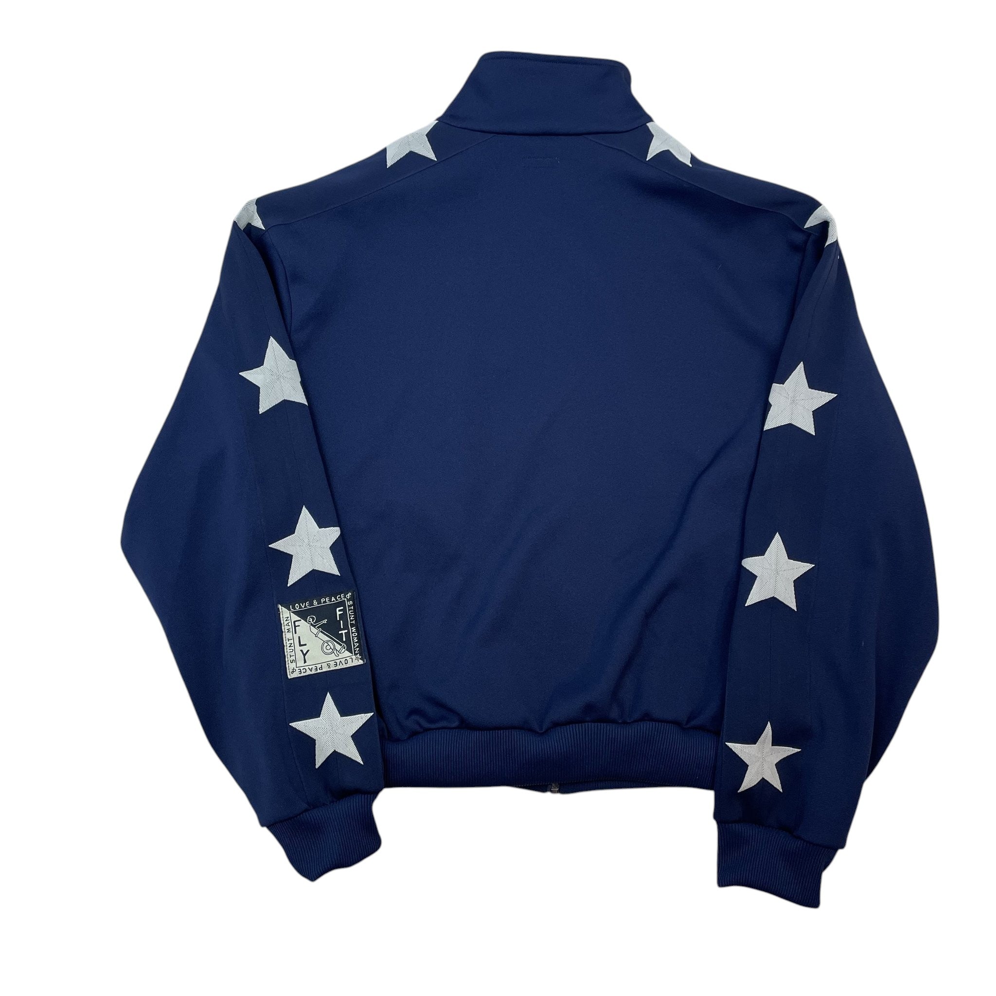 Zenno Archive Kapital navy smooth jersey track jacket featuring white star patches on sleeves and back