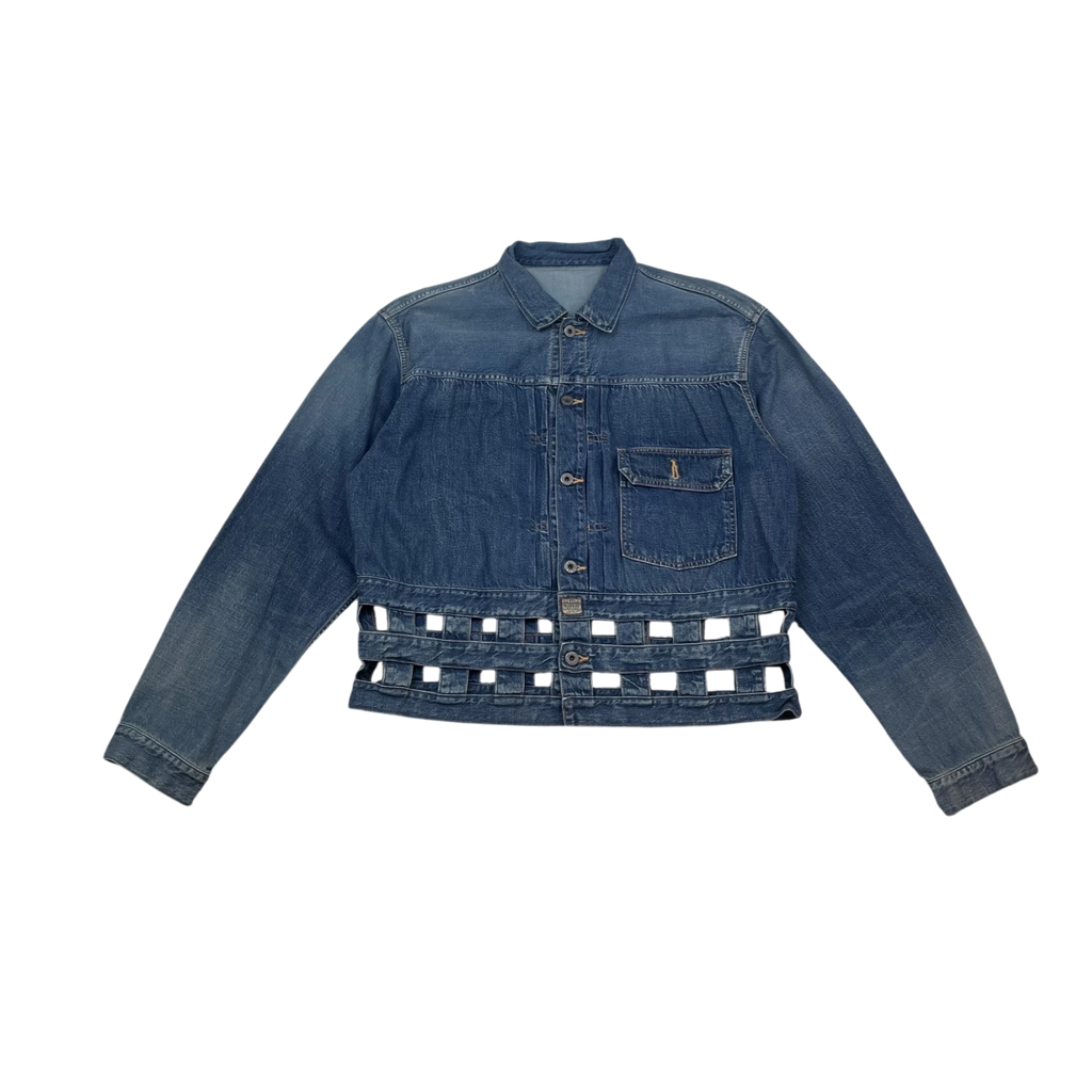 Zenno Archive Kapital blue denim jacket featuring a unique woven windowpane cutout hem design and button-up front.