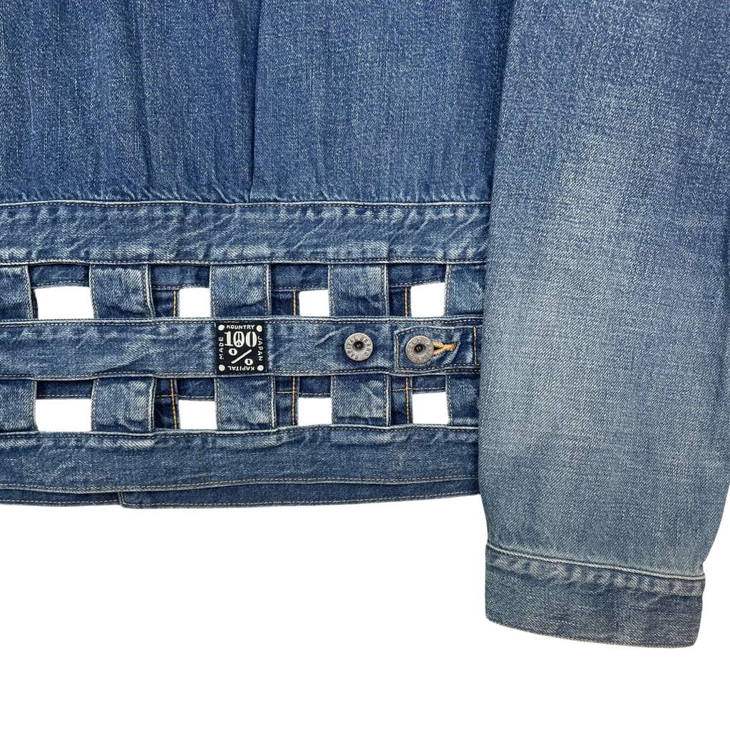 Zenno Archive Kapital blue denim jacket featuring a unique woven windowpane lattice detail and branded metal buttons.