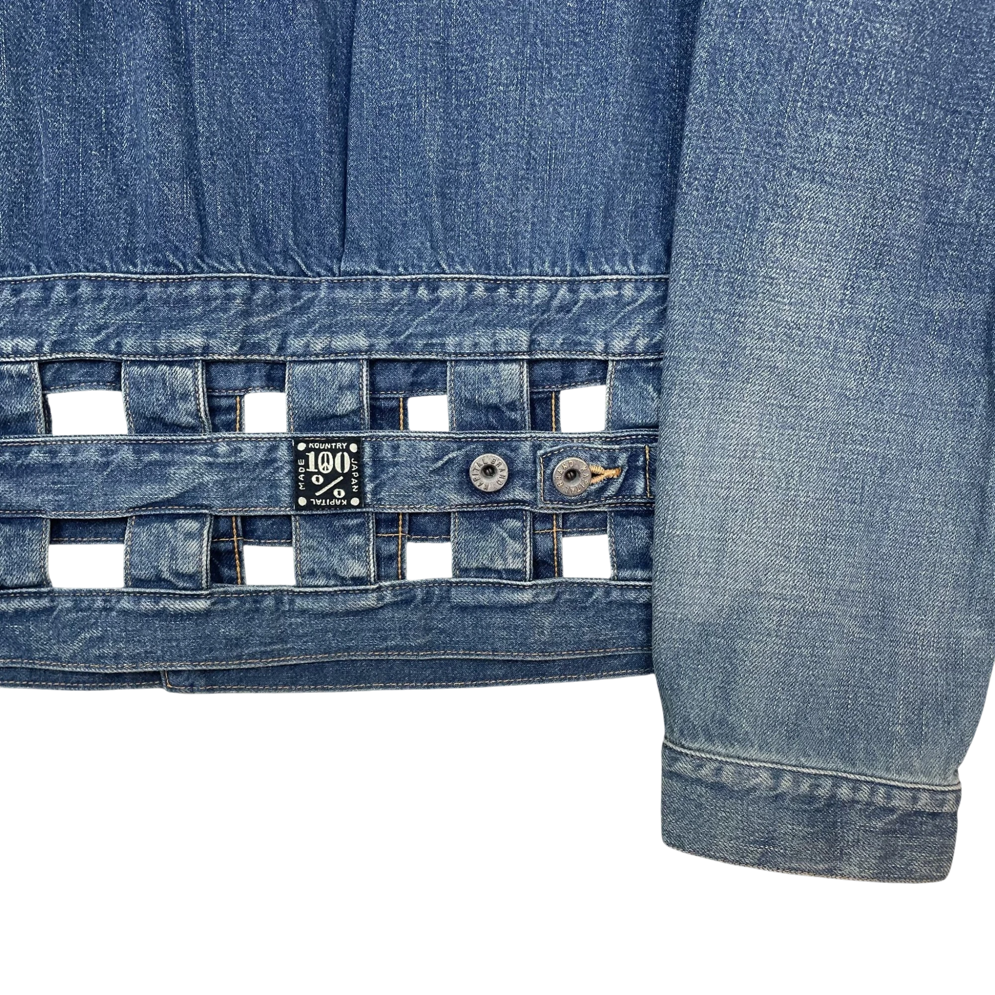 Zenno Archive Kapital blue denim jacket featuring a unique woven windowpane lattice detail and branded metal buttons.