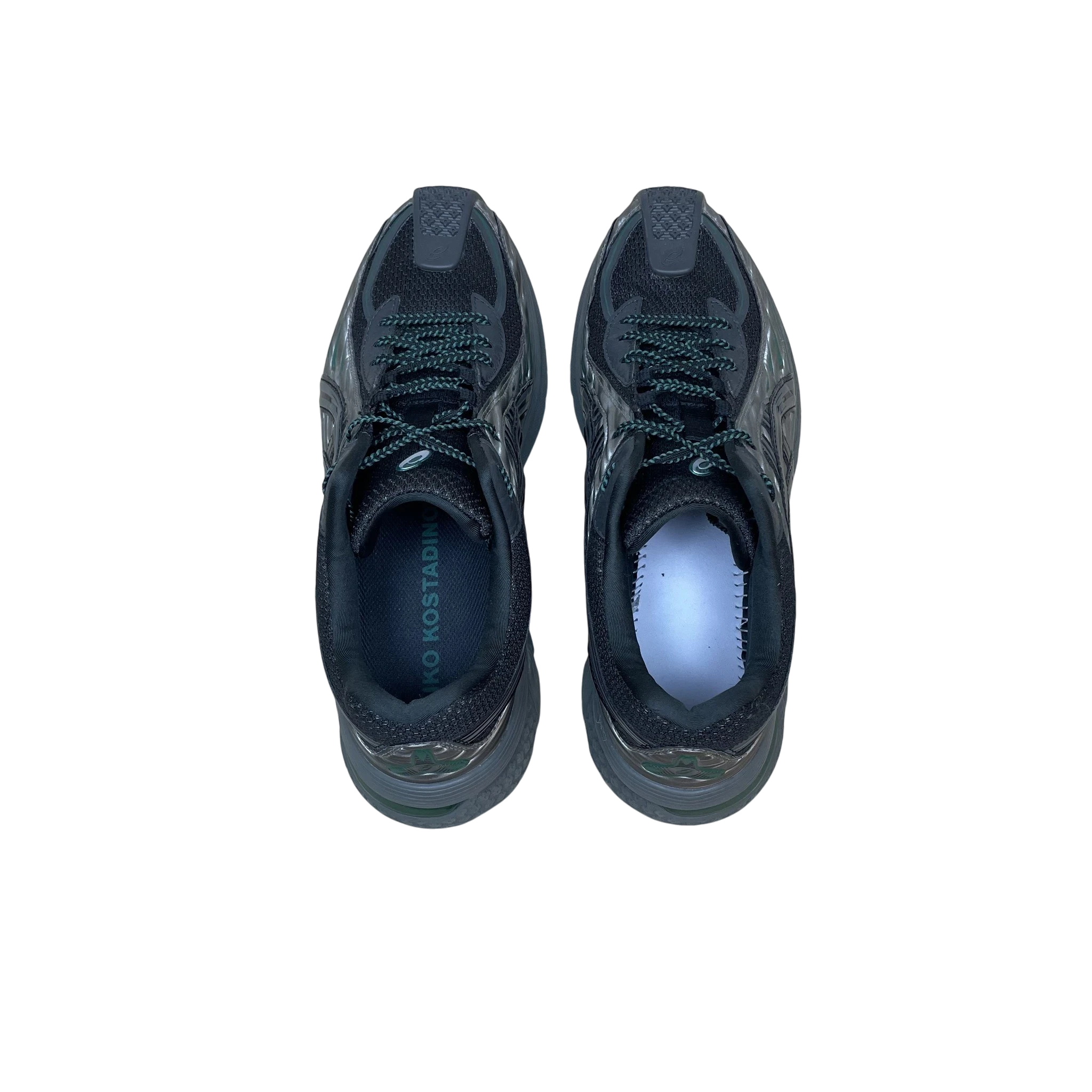 Zenno Archive Kiko Kostadinov x ASICS Gel-Flammae sneakers in grey and black, top-down view of athletic footwear.