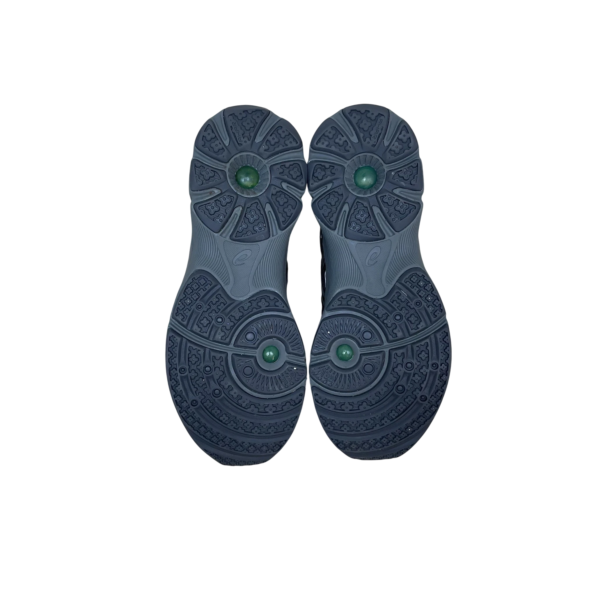 Zenno Archive Kiko Kostadinov x ASICS Gel-Flammae sneakers showing the detailed grey and black rubber outsoles