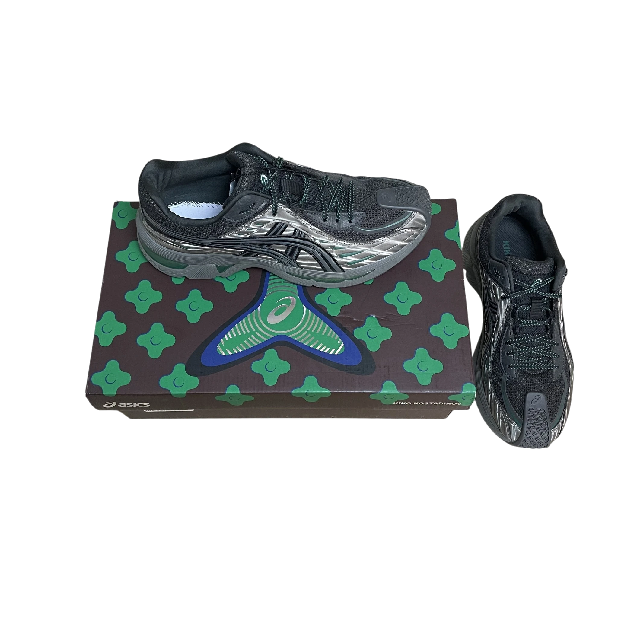 Zenno Archive Kiko Kostadinov x ASICS Gel-Flammae sneakers in grey and black with metallic accents and branded box