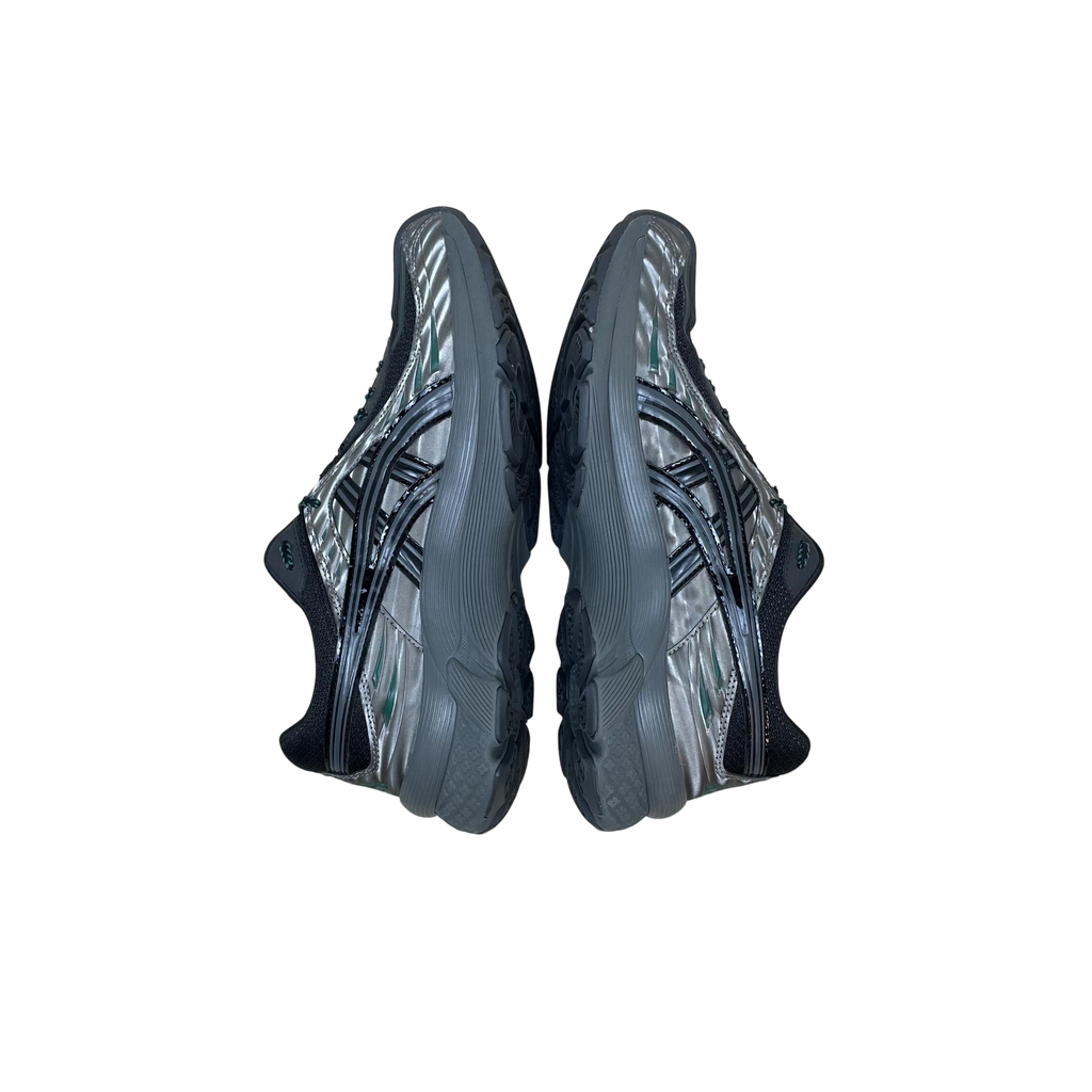 Zenno Archive Kiko Kostadinov x ASICS Gel-Flammae sneakers in grey and black with a glossy, technical finish.