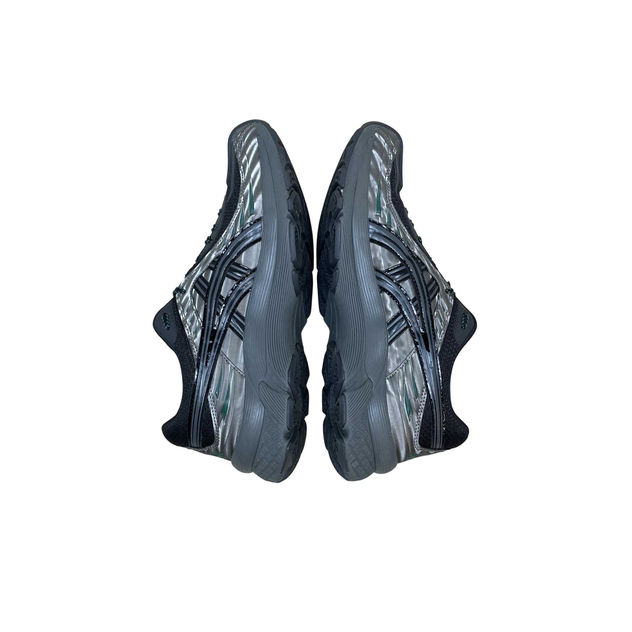 Zenno Archive Kiko Kostadinov x ASICS Gel-Flammae sneakers in grey and black with a glossy, technical finish.