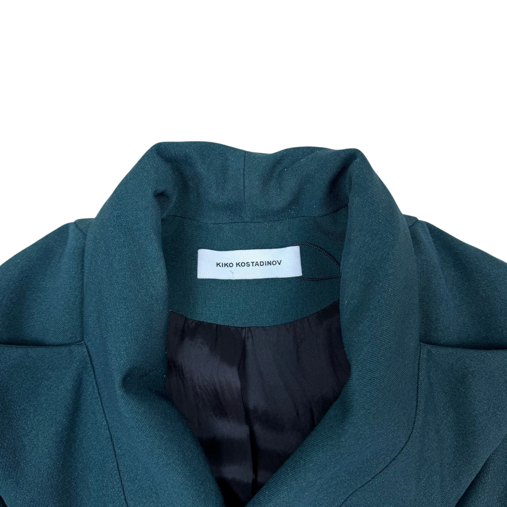 Zenno Archive Kiko Kostadinov Vein cropped padded jacket in dark green with a black lining and wide collar detail.