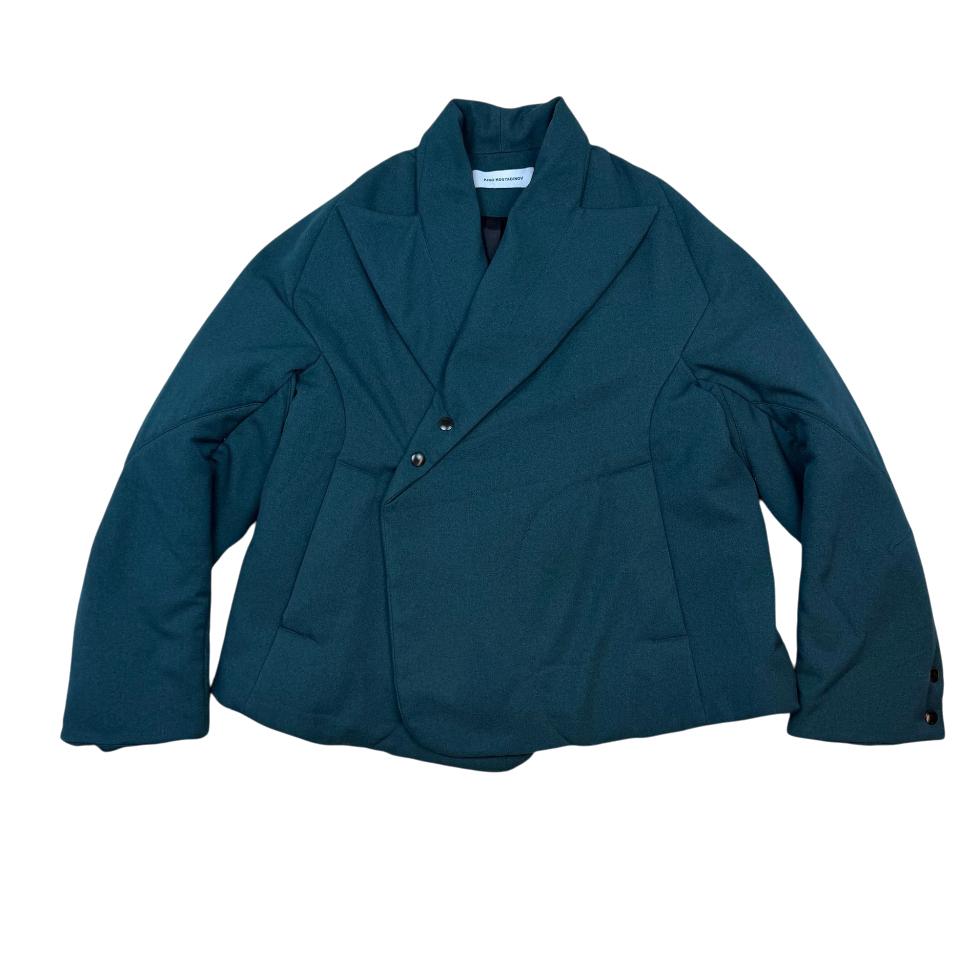 Zenno Archive Kiko Kostadinov Vein cropped padded jacket in dark green with a wide lapel and double button closure.