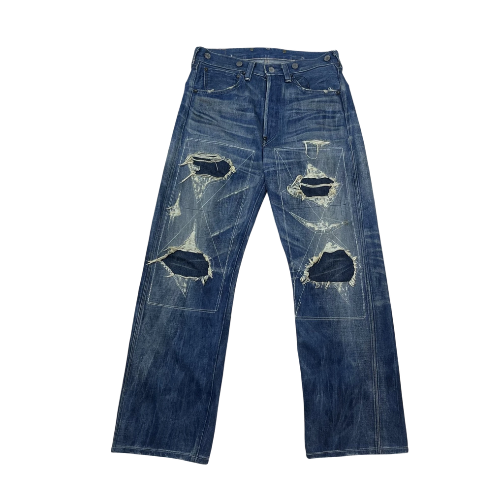 Zenno Archive vintage Levi’s LVC 33501xx blue denim jeans with distressed patches and white contrast stitching