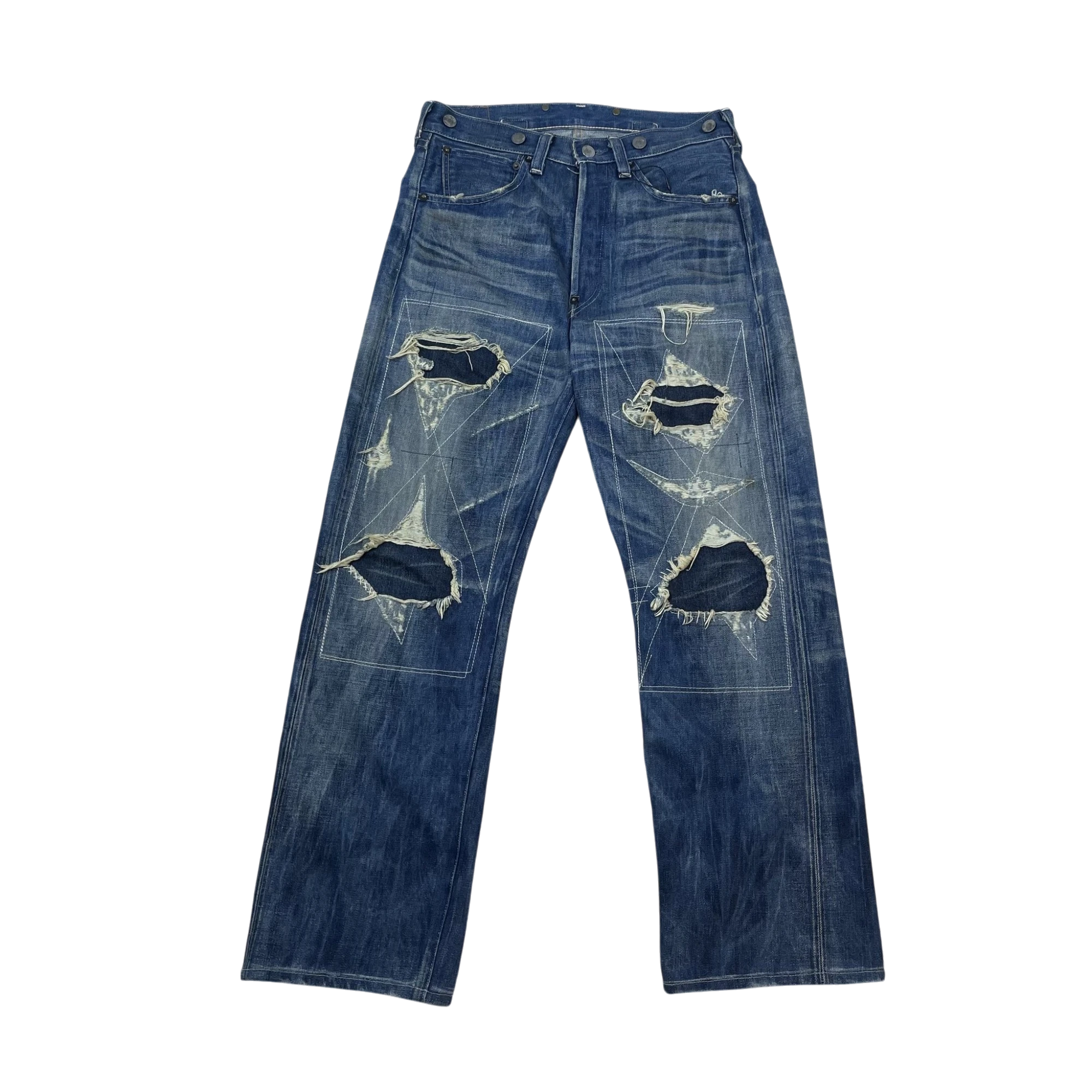 Zenno Archive vintage Levi’s LVC 33501xx blue denim jeans with distressed patches and white contrast stitching