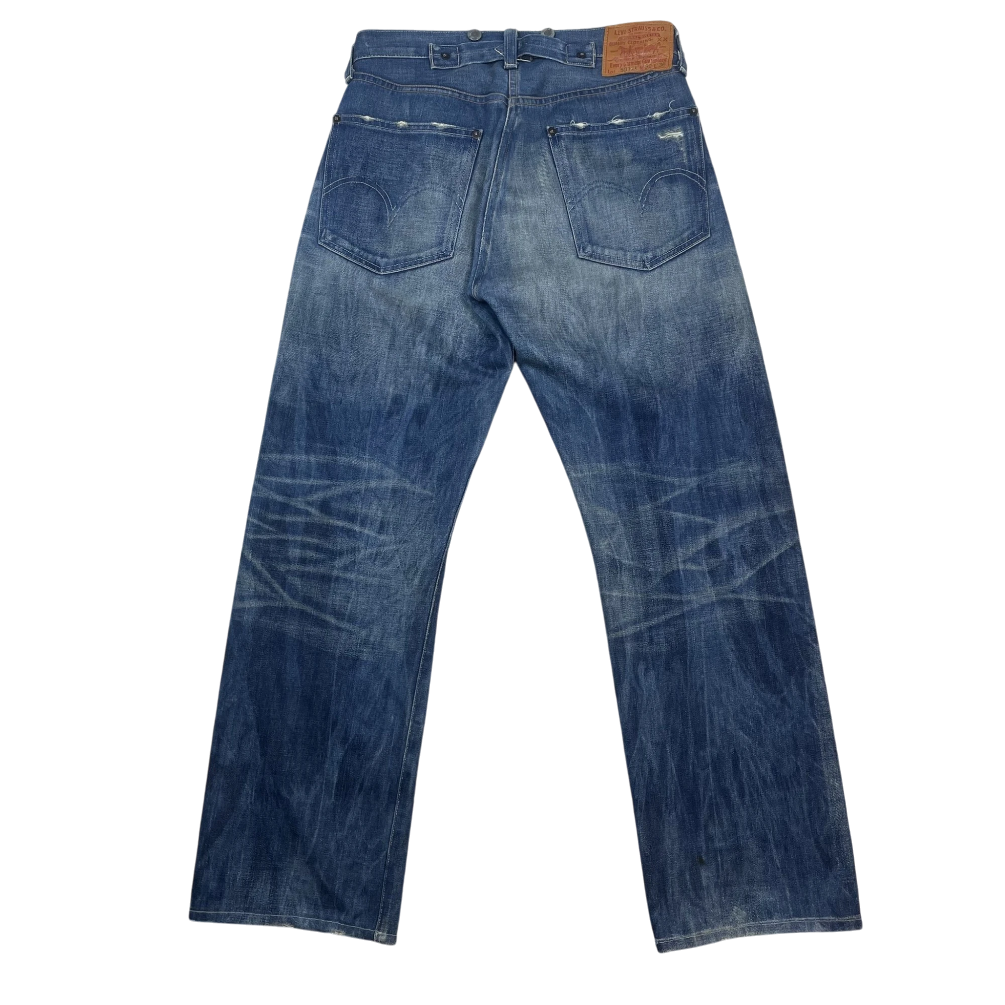 Zenno Archive vintage Levi’s LVC 33501xx blue denim jeans with back pockets and leather patch, back view.