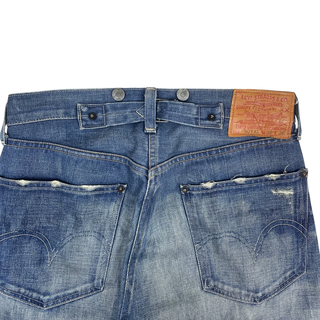 Zenno Archive vintage Levi's LVC 33501xx blue denim jeans featuring a leather back patch and cinch back detail