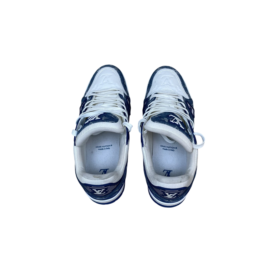 Zenno Archive Louis Vuitton blue denim monogram trainers with white leather accents and lace-up closure