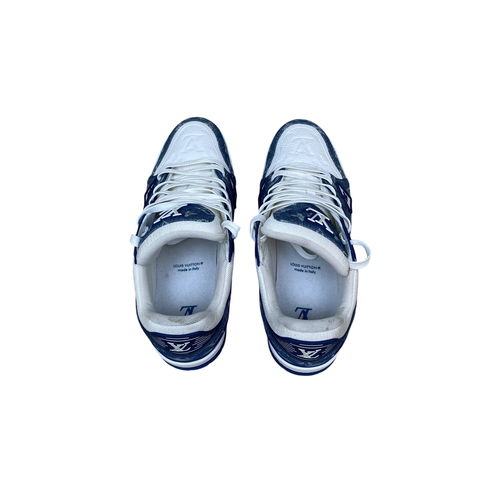 Zenno Archive Louis Vuitton blue denim monogram trainers with white leather accents and lace-up closure