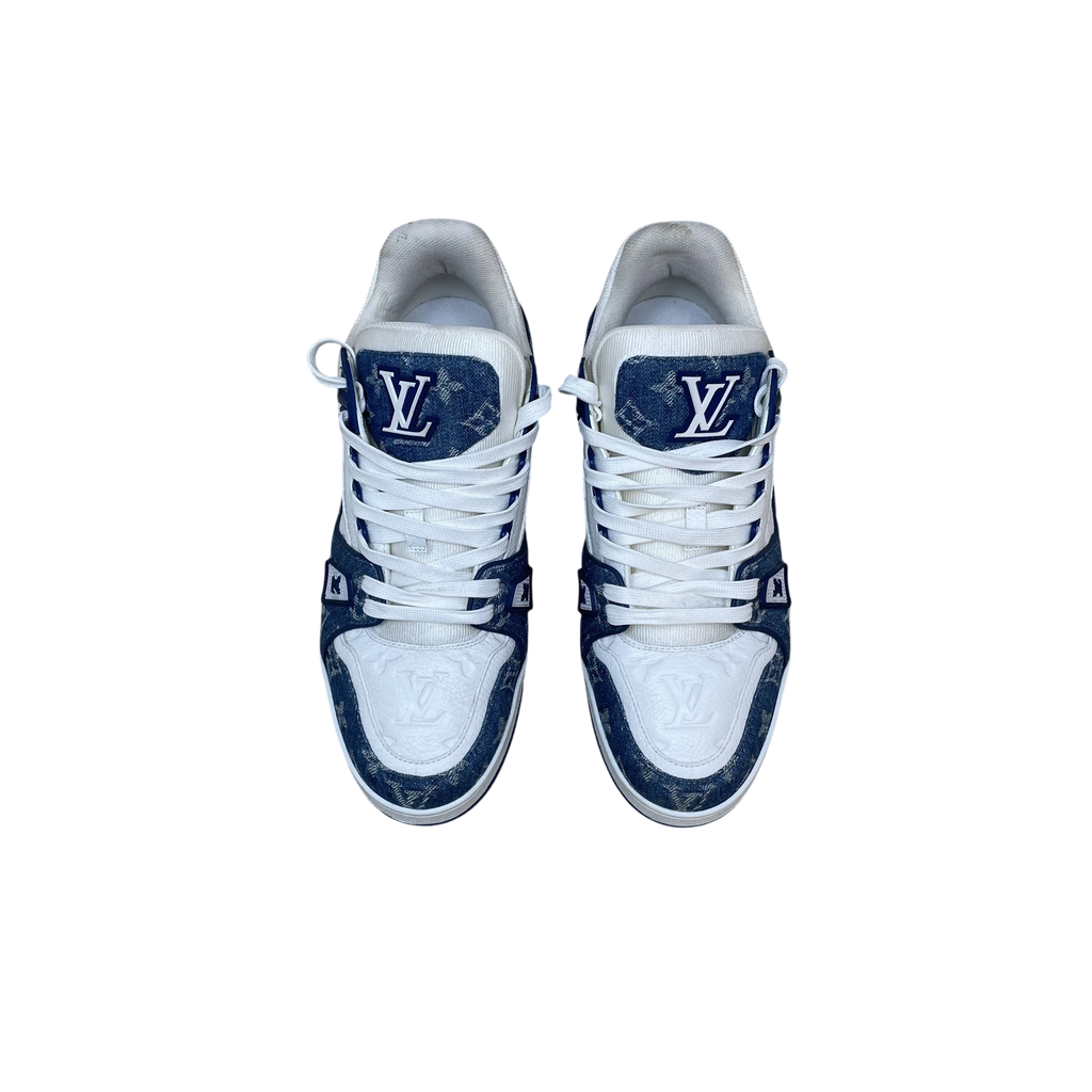 Zenno Archive Louis Vuitton blue denim monogram trainers with white leather accents and lace-up closure