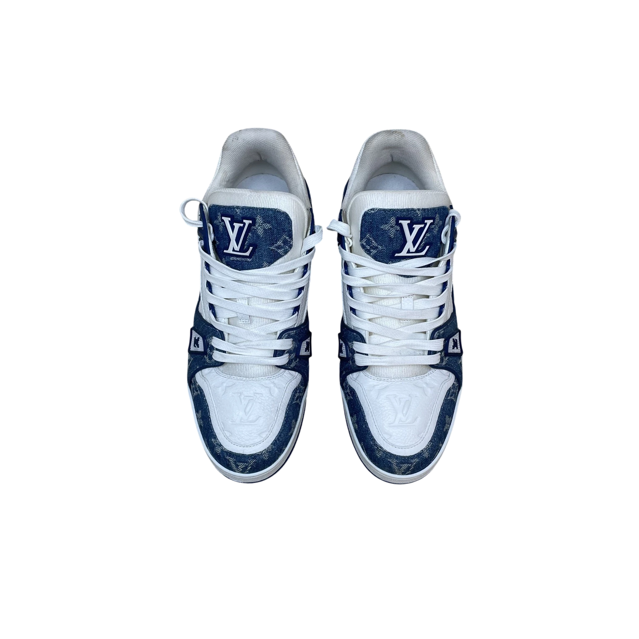 Zenno Archive Louis Vuitton blue denim monogram trainers with white leather accents and lace-up closure