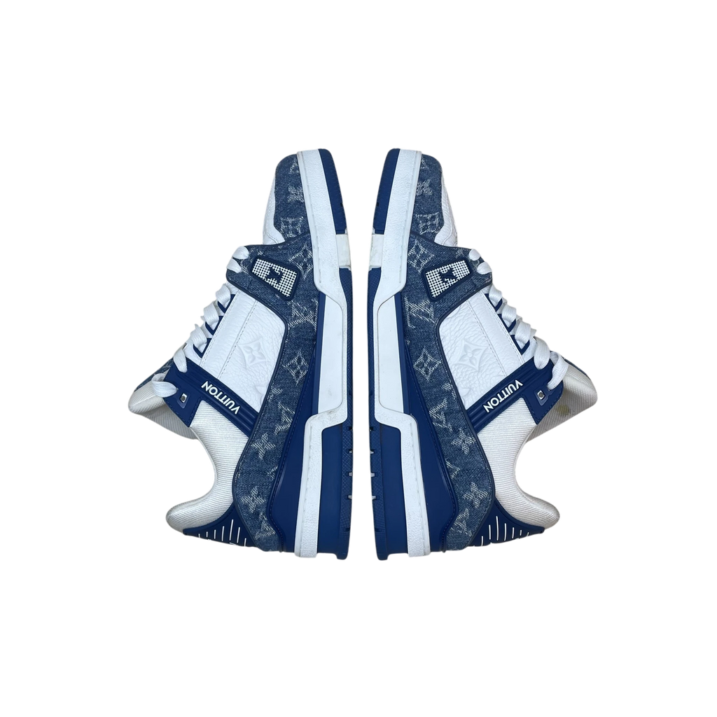 Zenno Archive Louis Vuitton blue denim monogram trainers with white leather accents and rubber soles