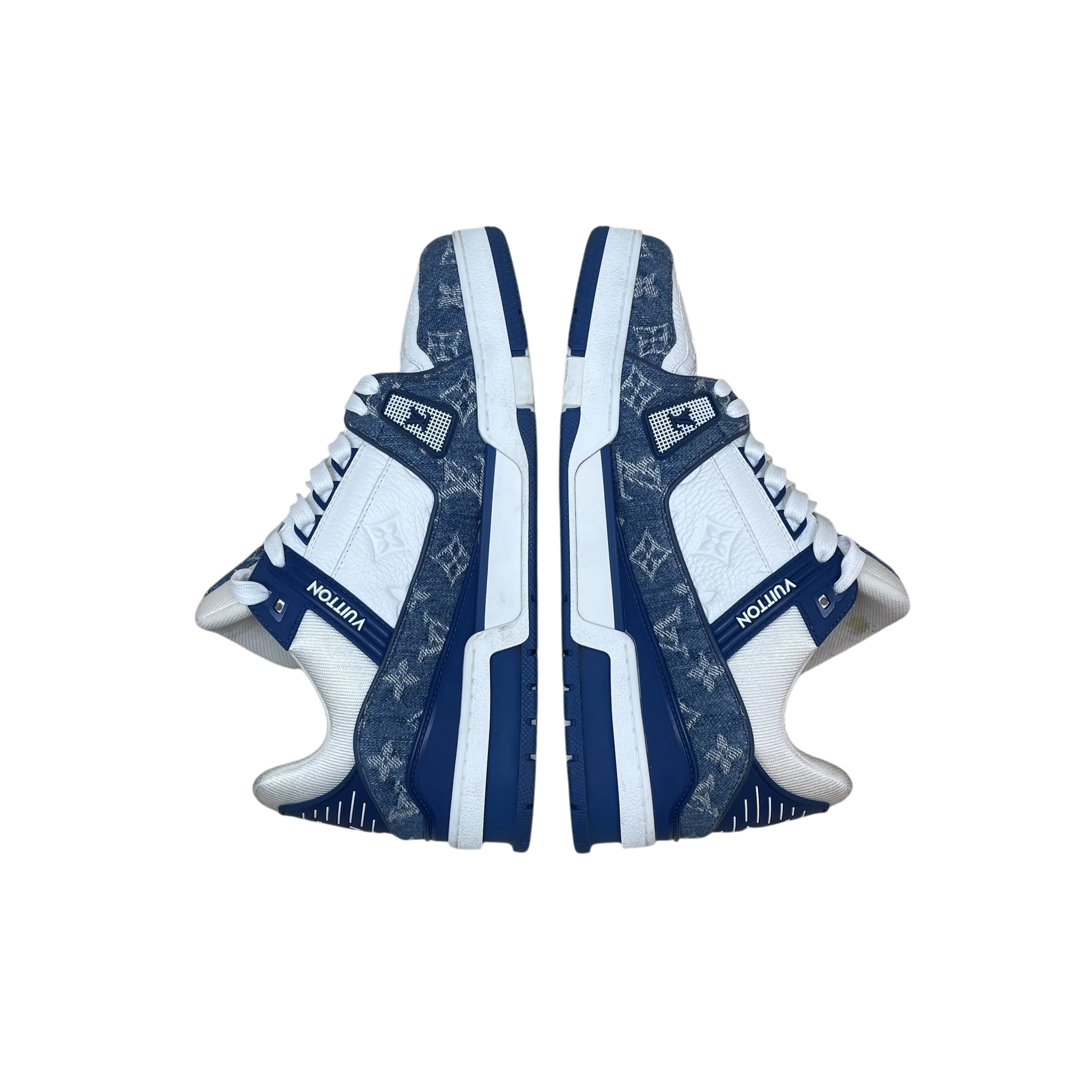 Zenno Archive Louis Vuitton blue denim monogram trainers with white leather accents and rubber soles