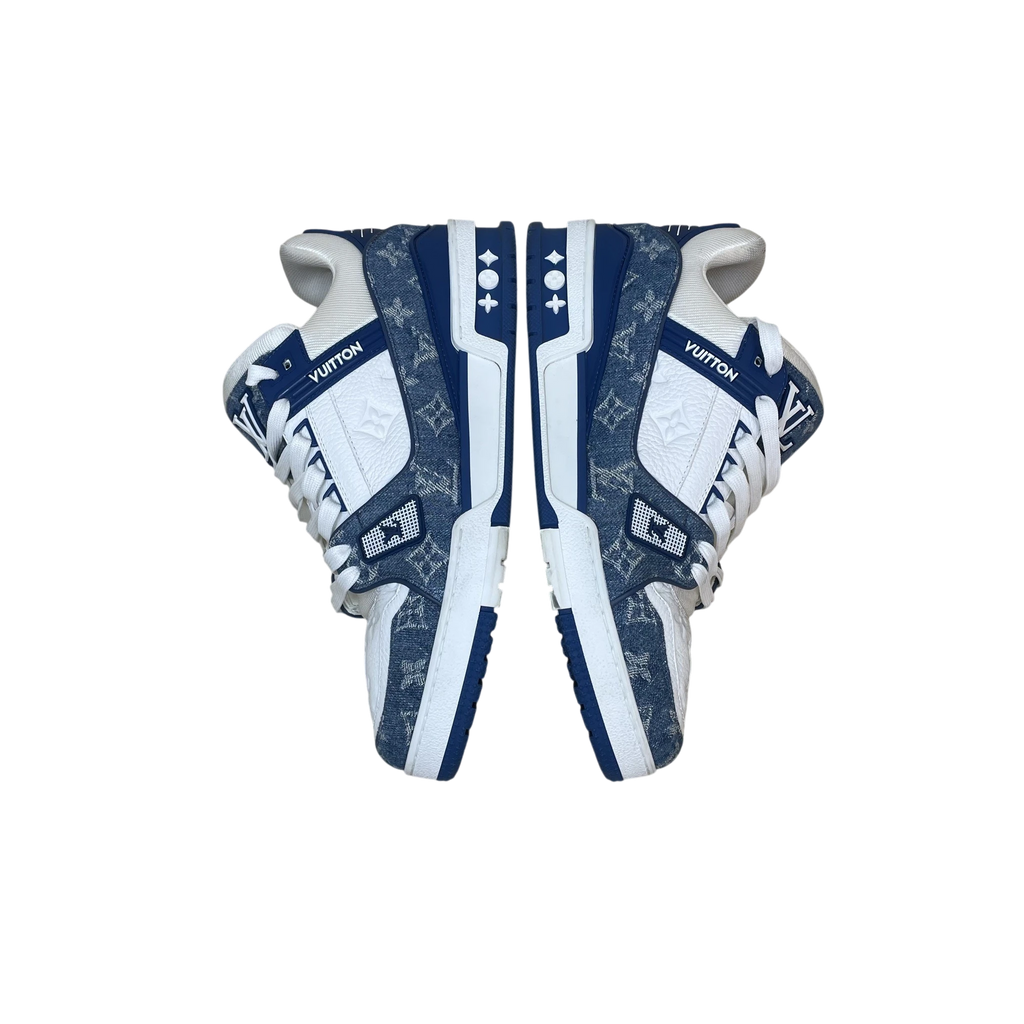 Zenno Archive Louis Vuitton blue denim monogram trainers with white leather accents and signature LV branding