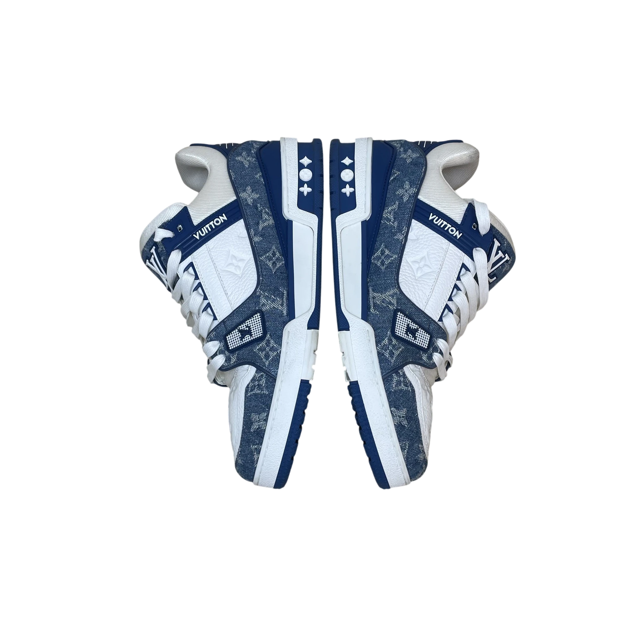 Zenno Archive Louis Vuitton blue denim monogram trainers with white leather accents and signature LV branding