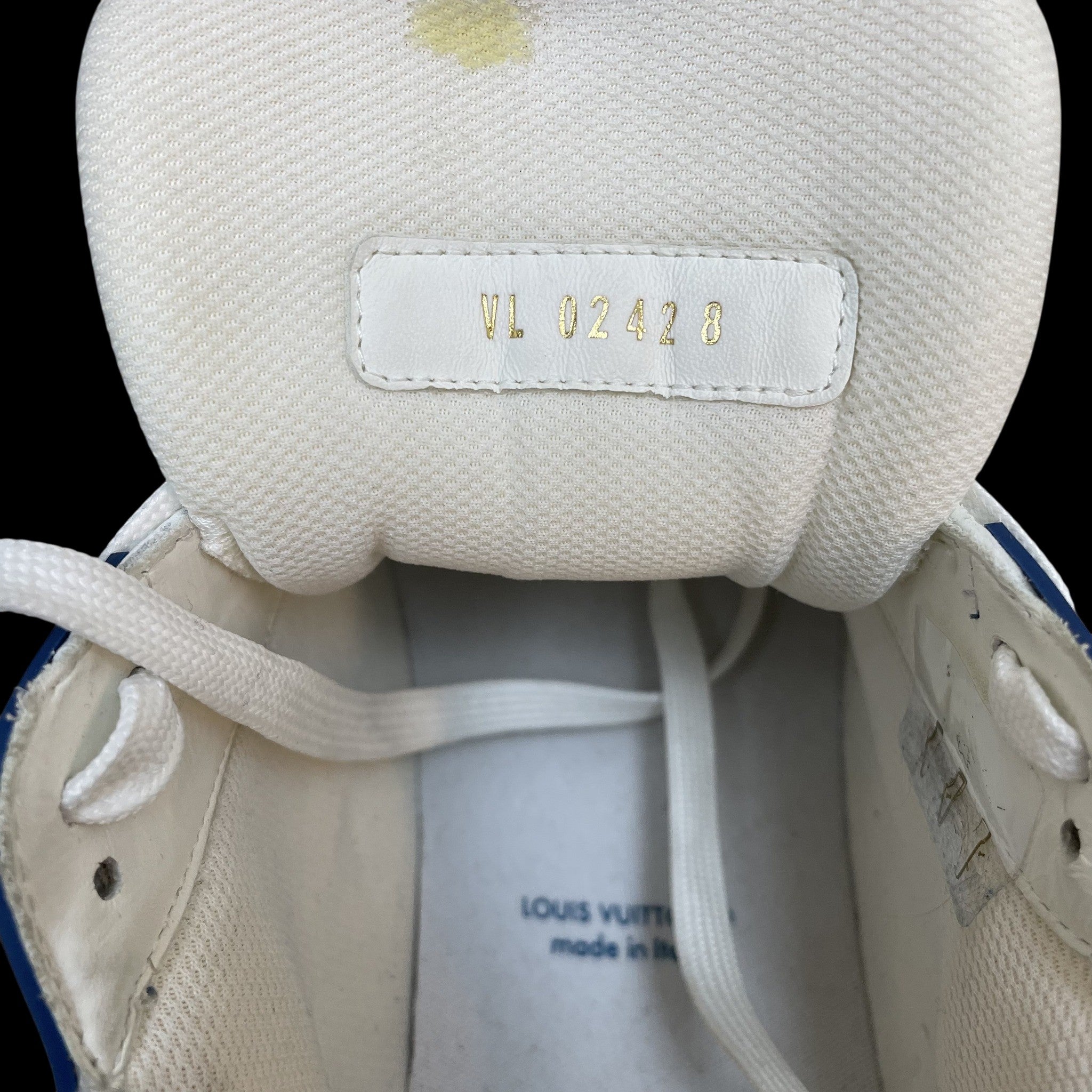 Zenno Archive Louis Vuitton denim monogram trainer interior showing size LV8 and gold embossed serial number