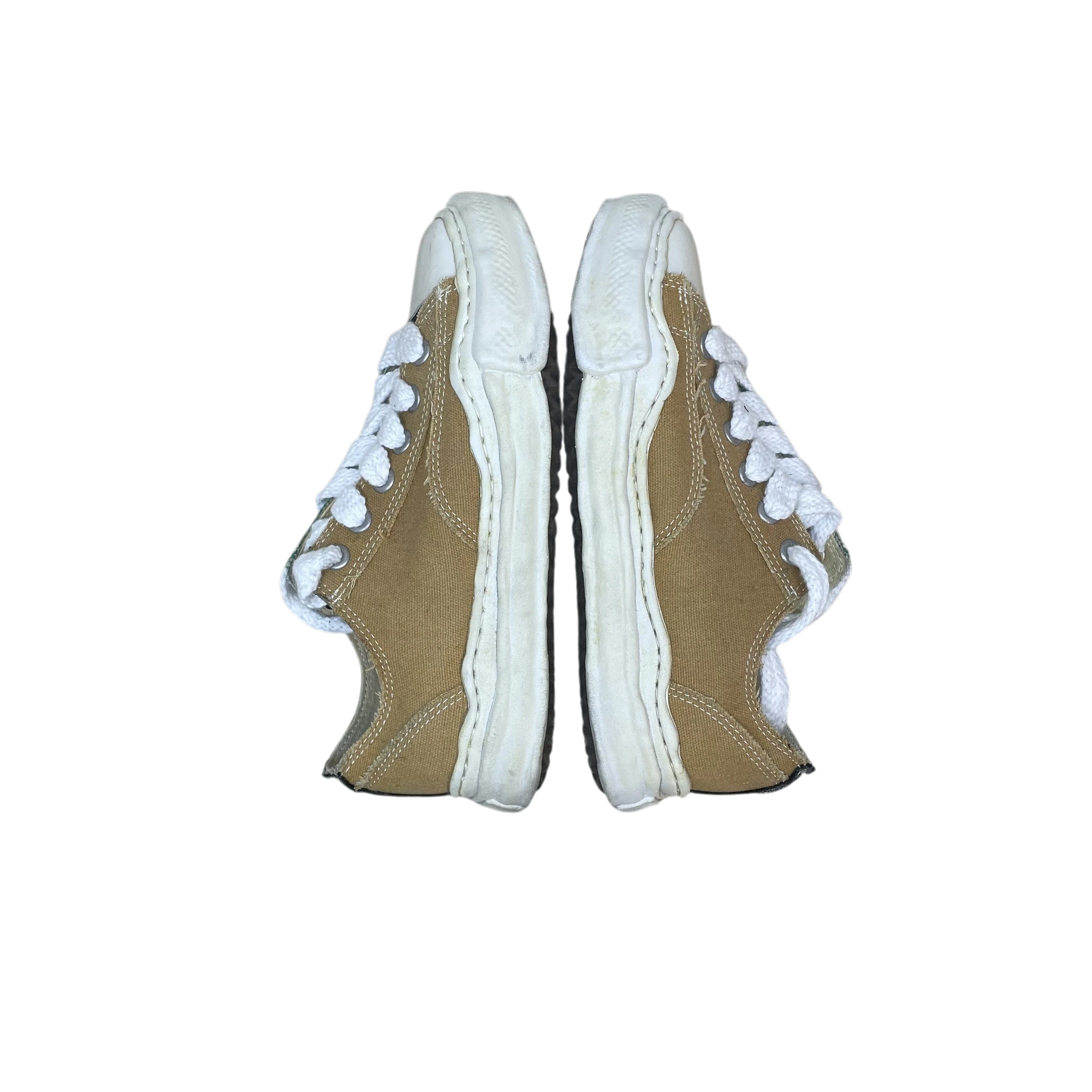 Zenno Archive Maison Mihara Yasuhiro overdyed brown canvas low-top sneakers with signature distorted white rubber soles