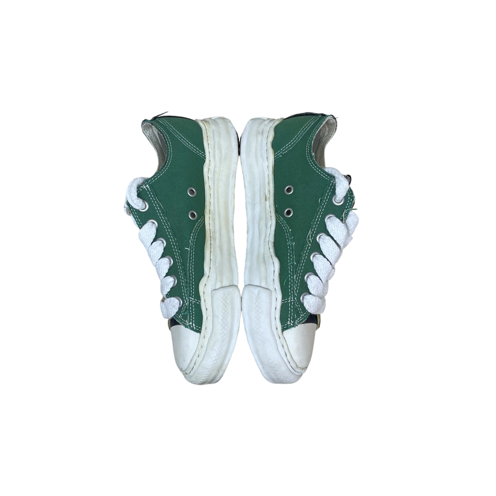 Zenno Archive Maison Mihara Yasuhiro green canvas low-top sneakers with signature chunky overdyed white rubber soles
