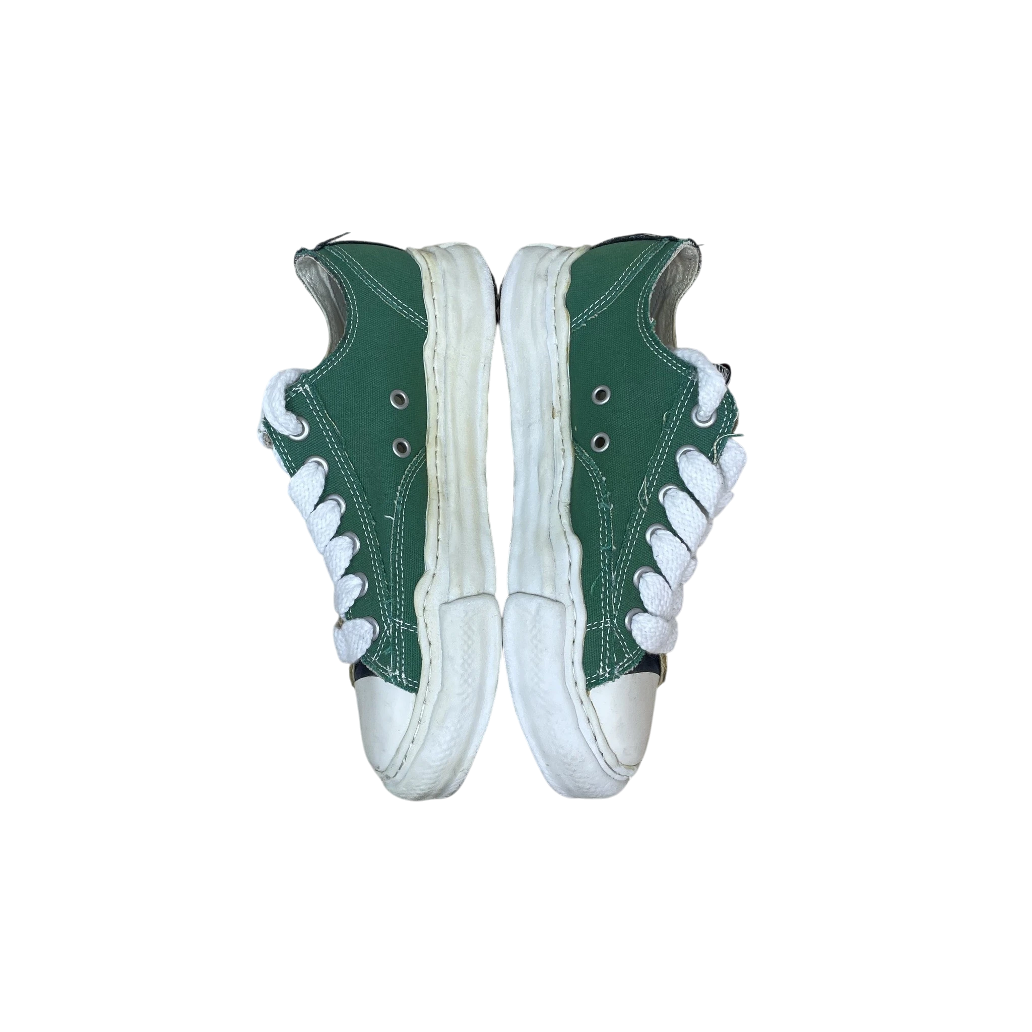 Zenno Archive Maison Mihara Yasuhiro green canvas low-top sneakers with signature chunky overdyed white rubber soles