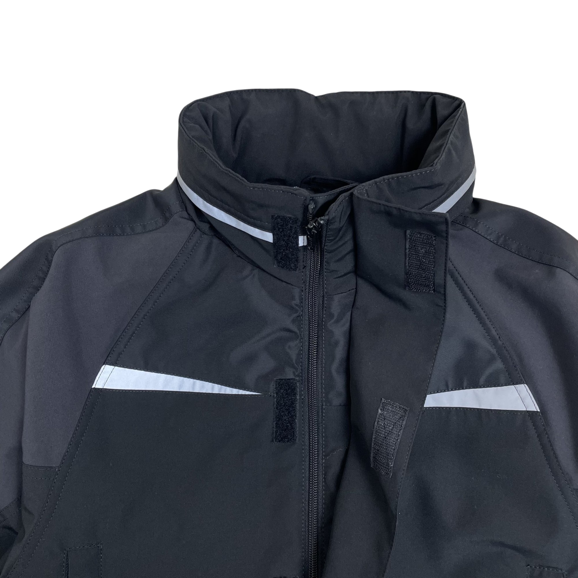 Zenno Archive Martine Rose shrunken sports jacket in black with grey reflective piping and zip-up collar