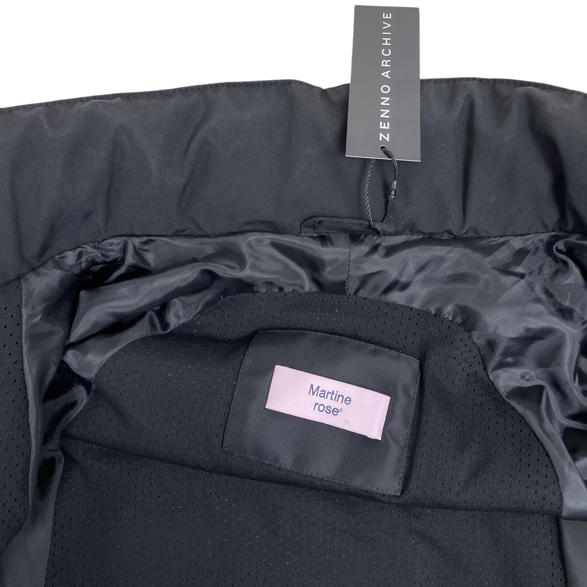 Zenno Archive Martine Rose shrunken sports jacket in black with interior brand label and attached hang tag