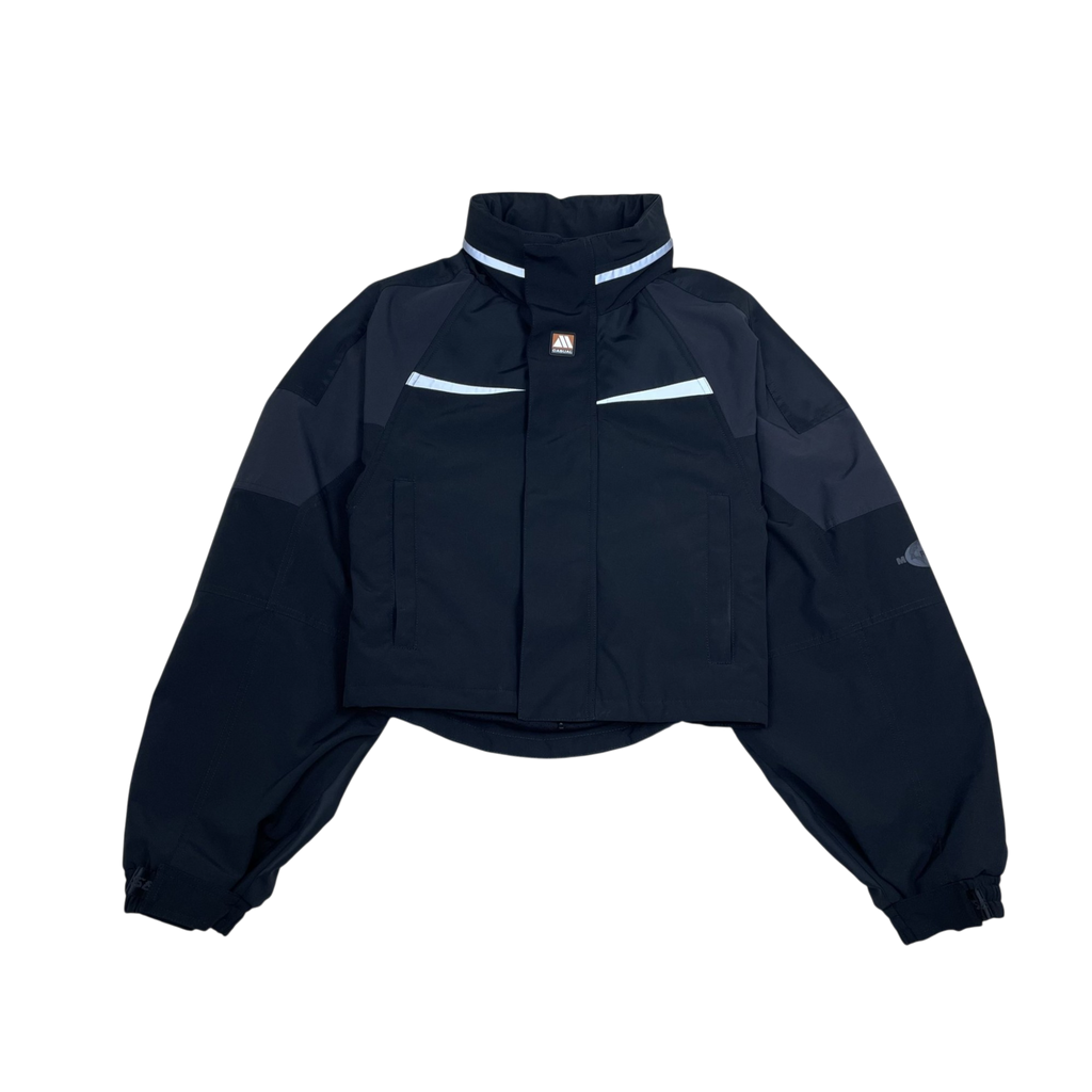 Zenno Archive Martine Rose 2024 shrunken sports jacket in black and grey with reflective detailing and high collar