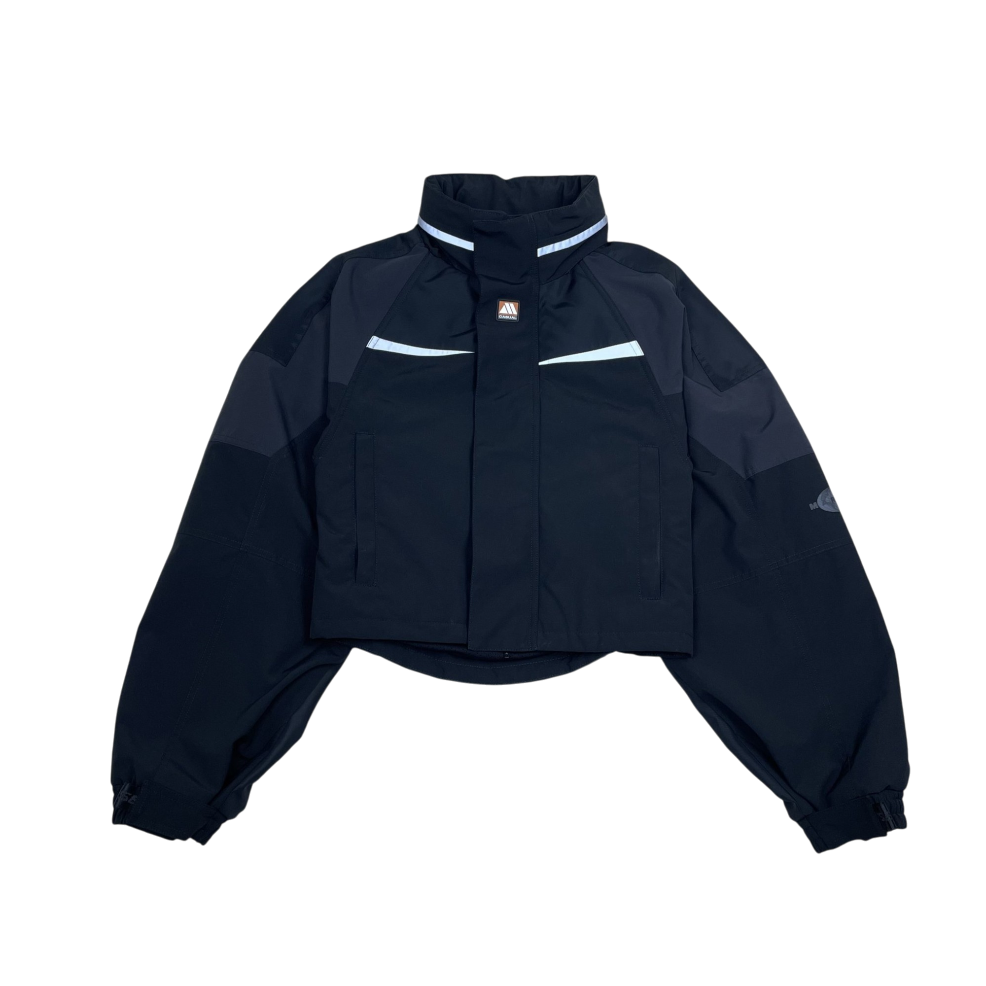 Zenno Archive Martine Rose 2024 shrunken sports jacket in black and grey with reflective detailing and high collar
