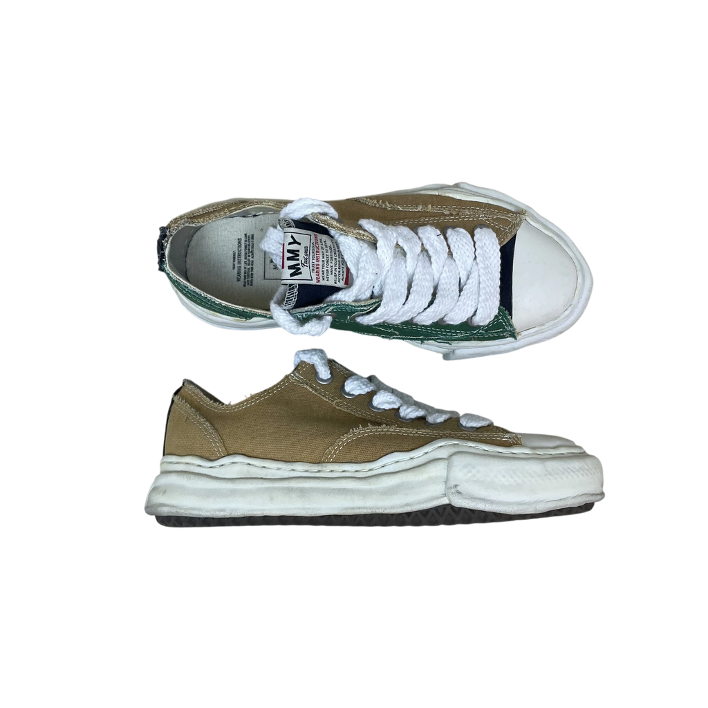 Zenno Archive Maison Mihara Yasuhiro overdyed canvas low-top sneakers with signature distorted white rubber soles.
